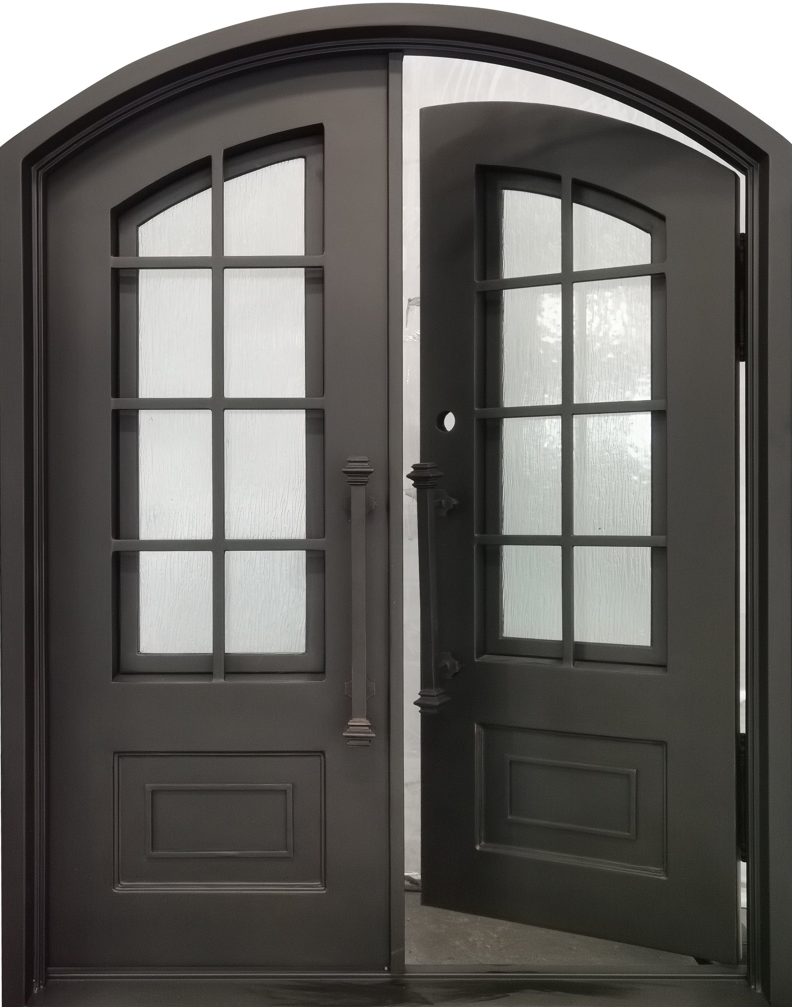 Anderson Model Double Front Entry Iron Door With Tempered Rain Glass Dark Bronze Finish