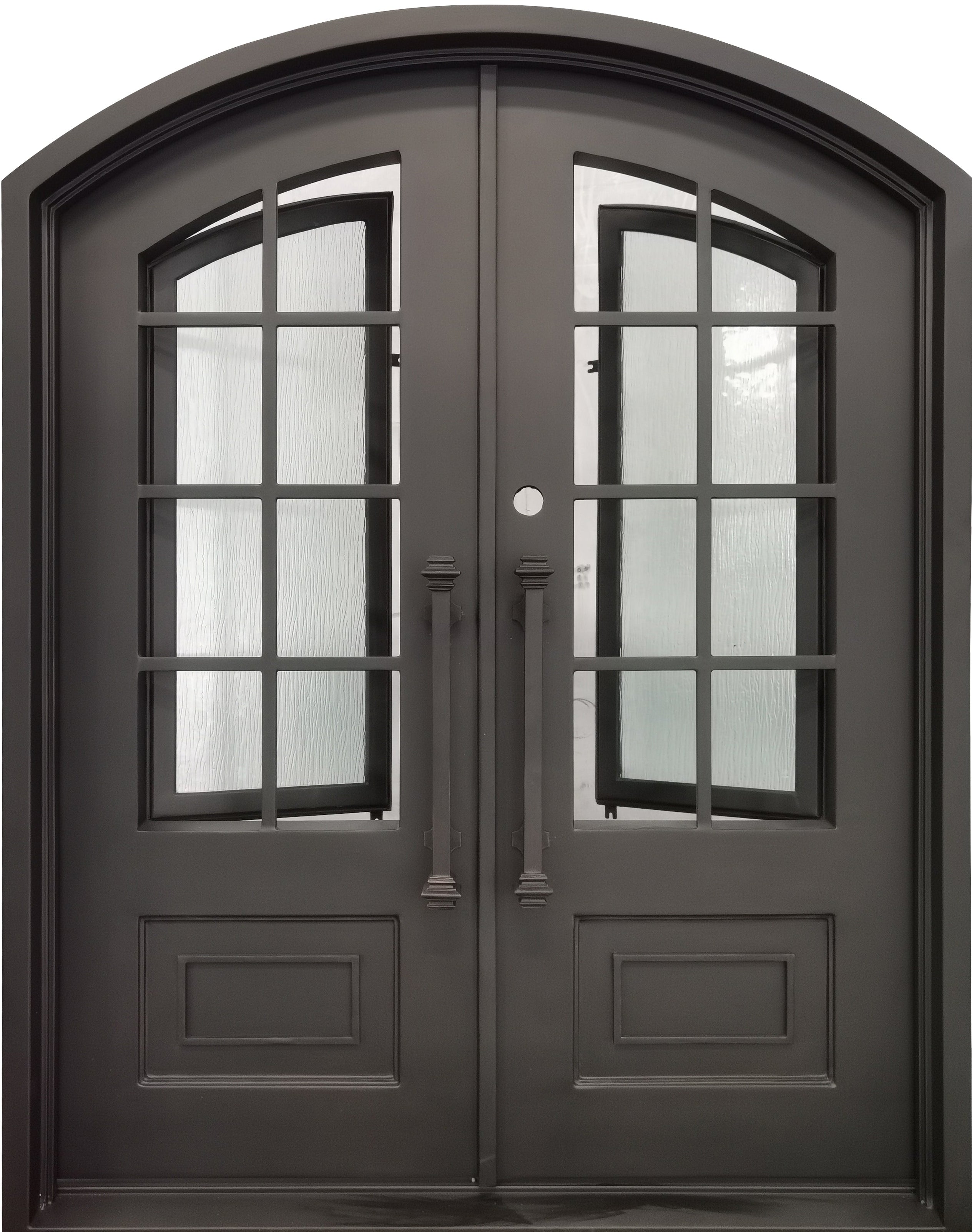 Anderson Model Double Front Entry Iron Door With Tempered Rain Glass Dark Bronze Finish