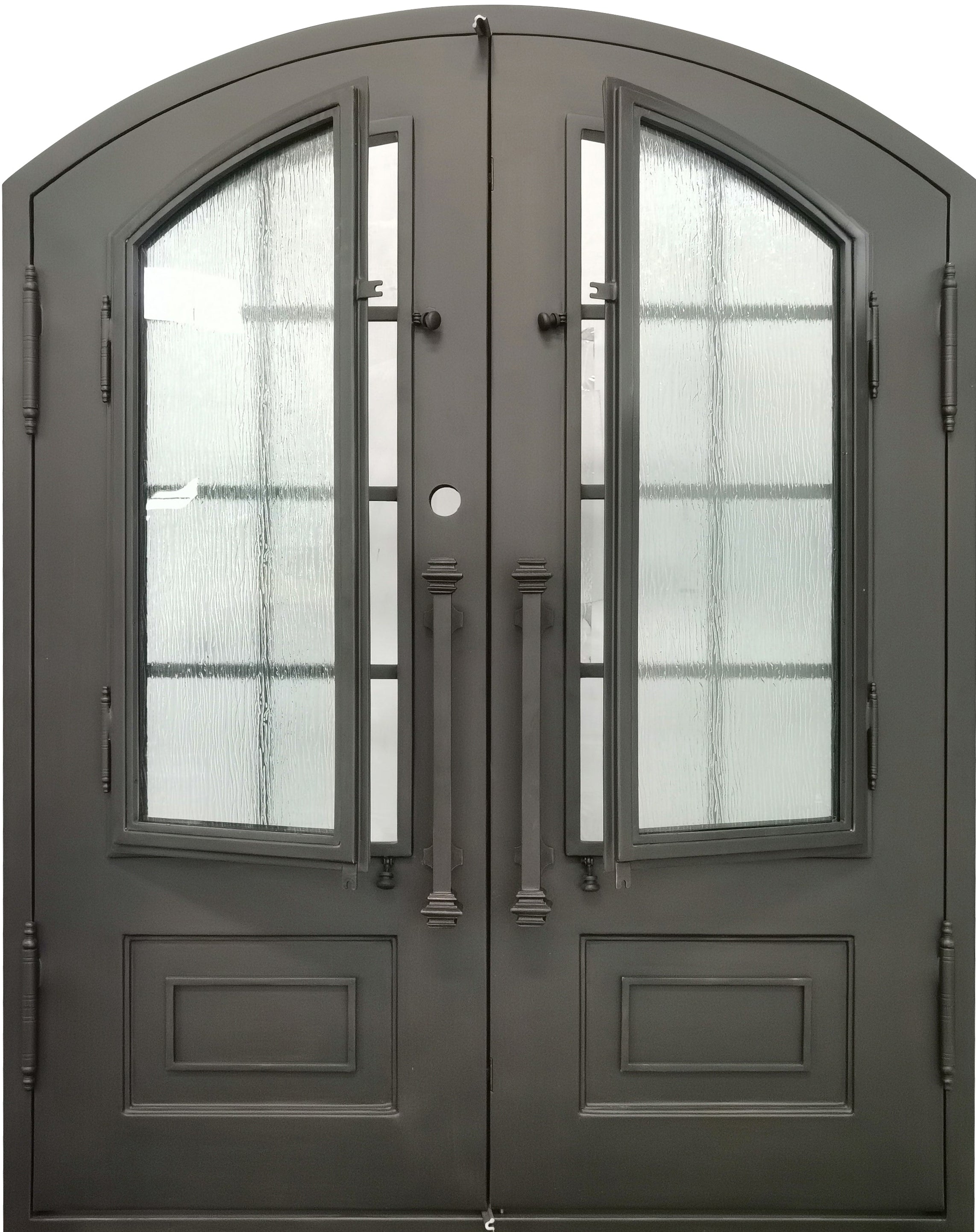 Anderson Model Double Front Entry Iron Door With Tempered Rain Glass Dark Bronze Finish