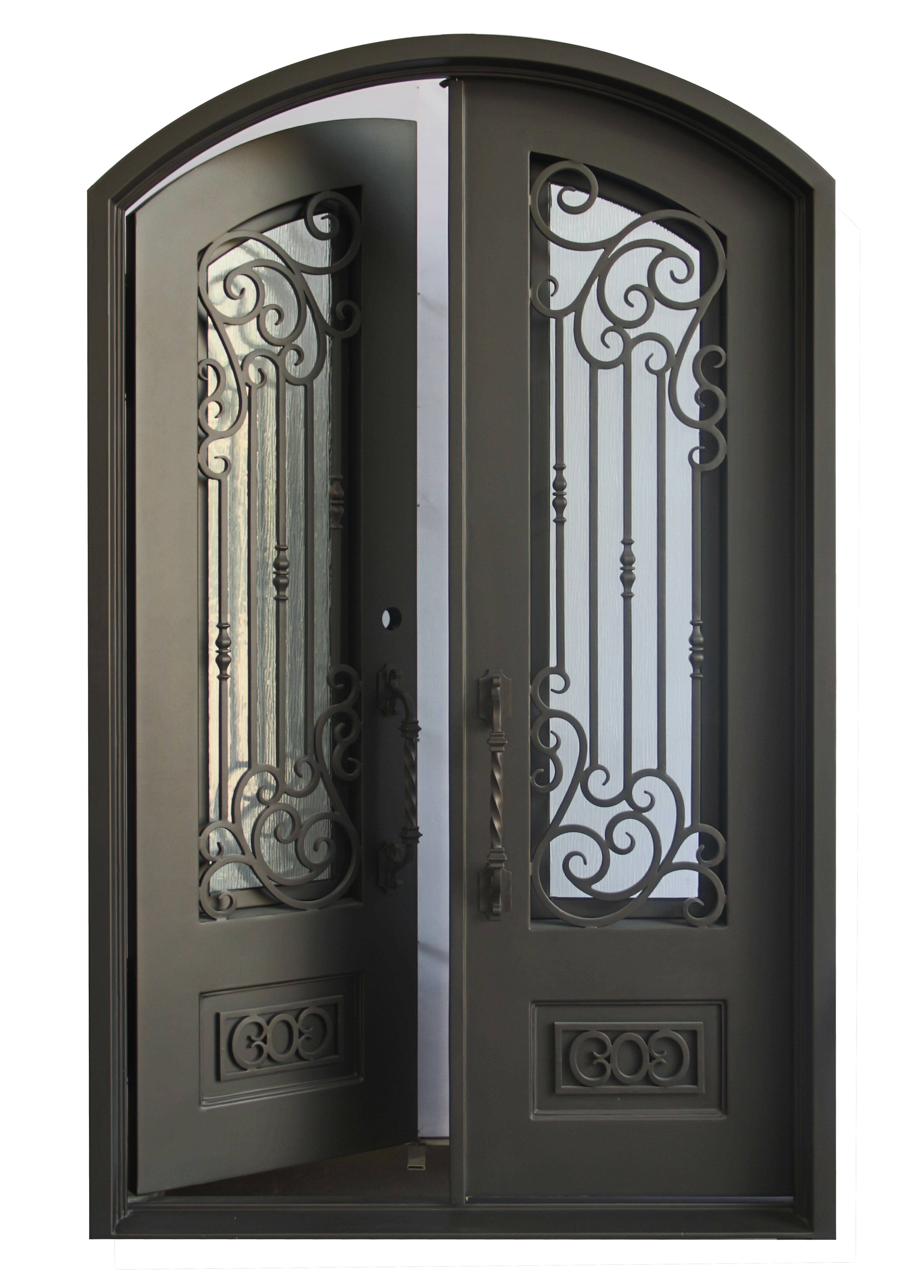 Alvarado Model Double Front Entry Iron Door With Tempered Rain Glass Dark Bronze Finish