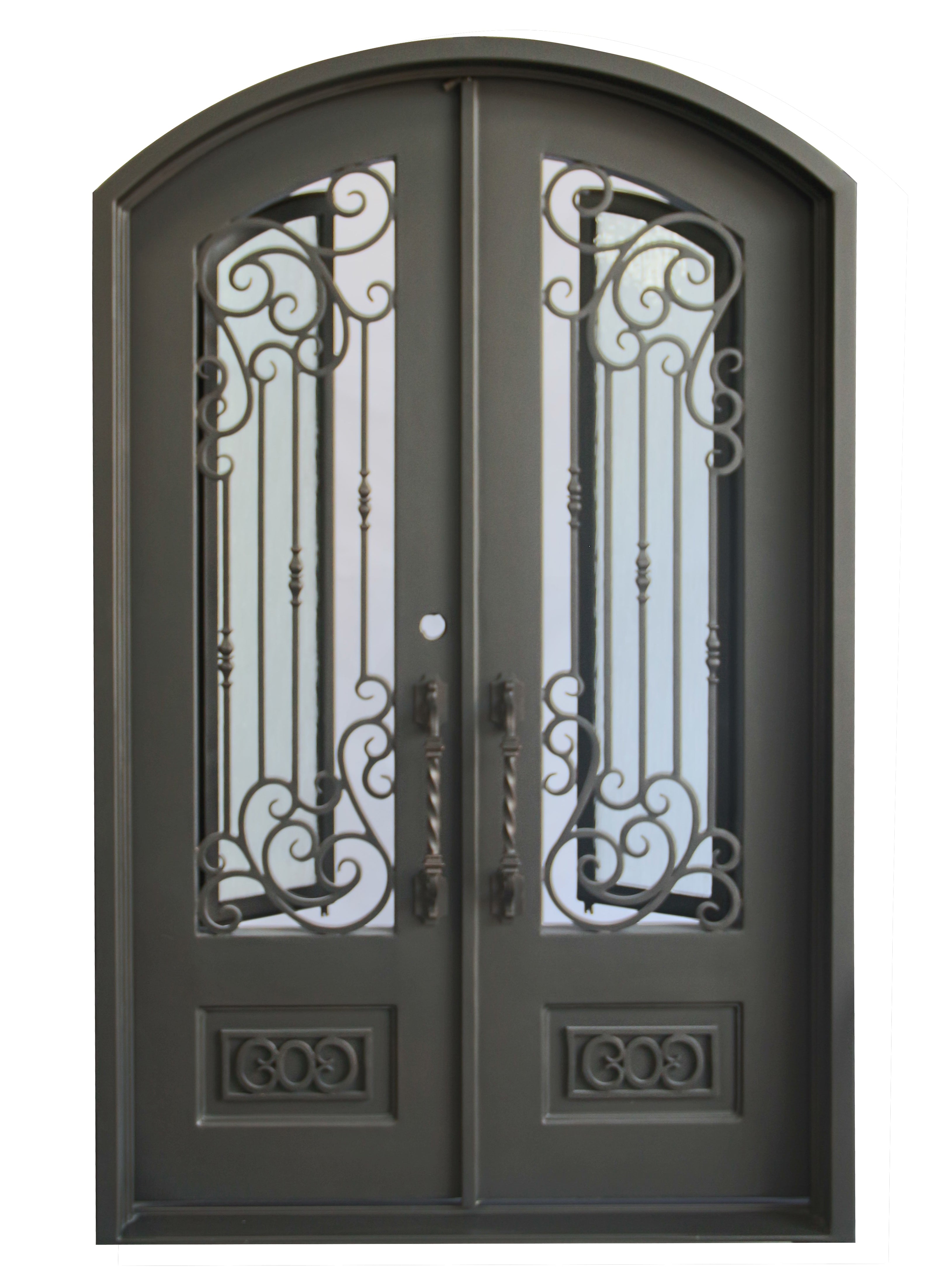 Alvarado Model Double Front Entry Iron Door With Tempered Rain Glass Dark Bronze Finish