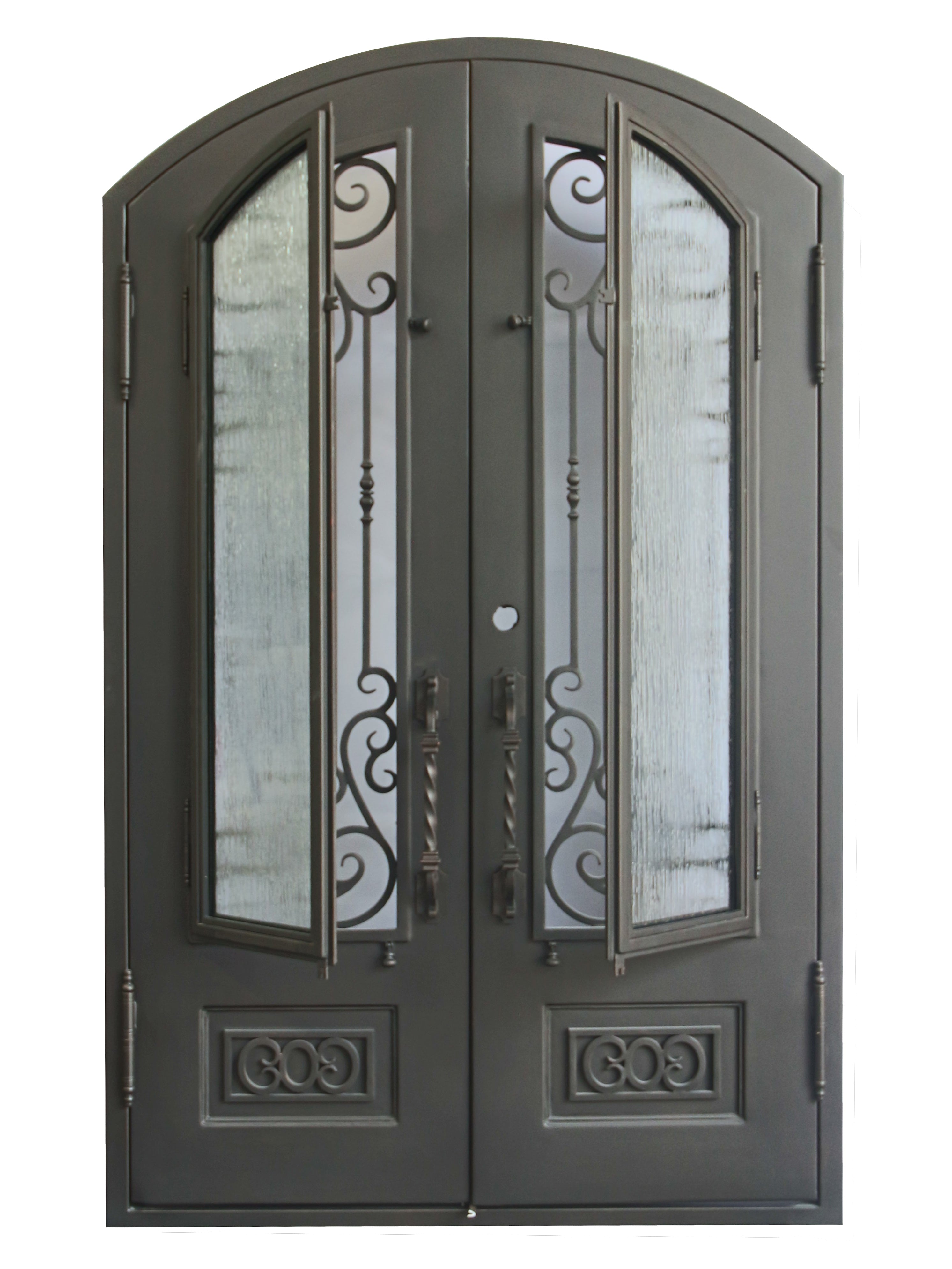 Alvarado Model Double Front Entry Iron Door With Tempered Rain Glass Dark Bronze Finish