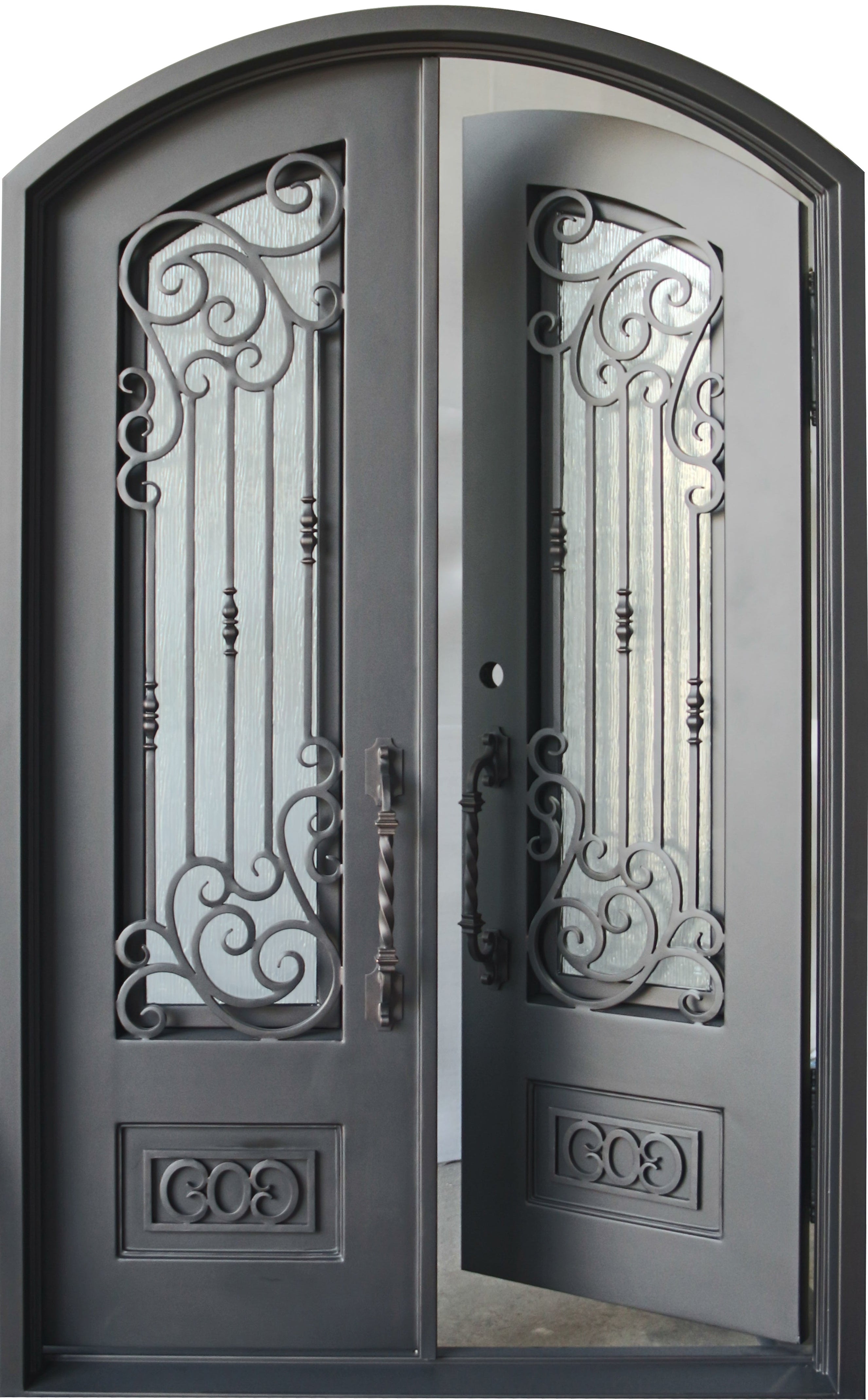 Alvarado Model Double Front Entry Iron Door With Tempered Rain Glass Dark Bronze Finish