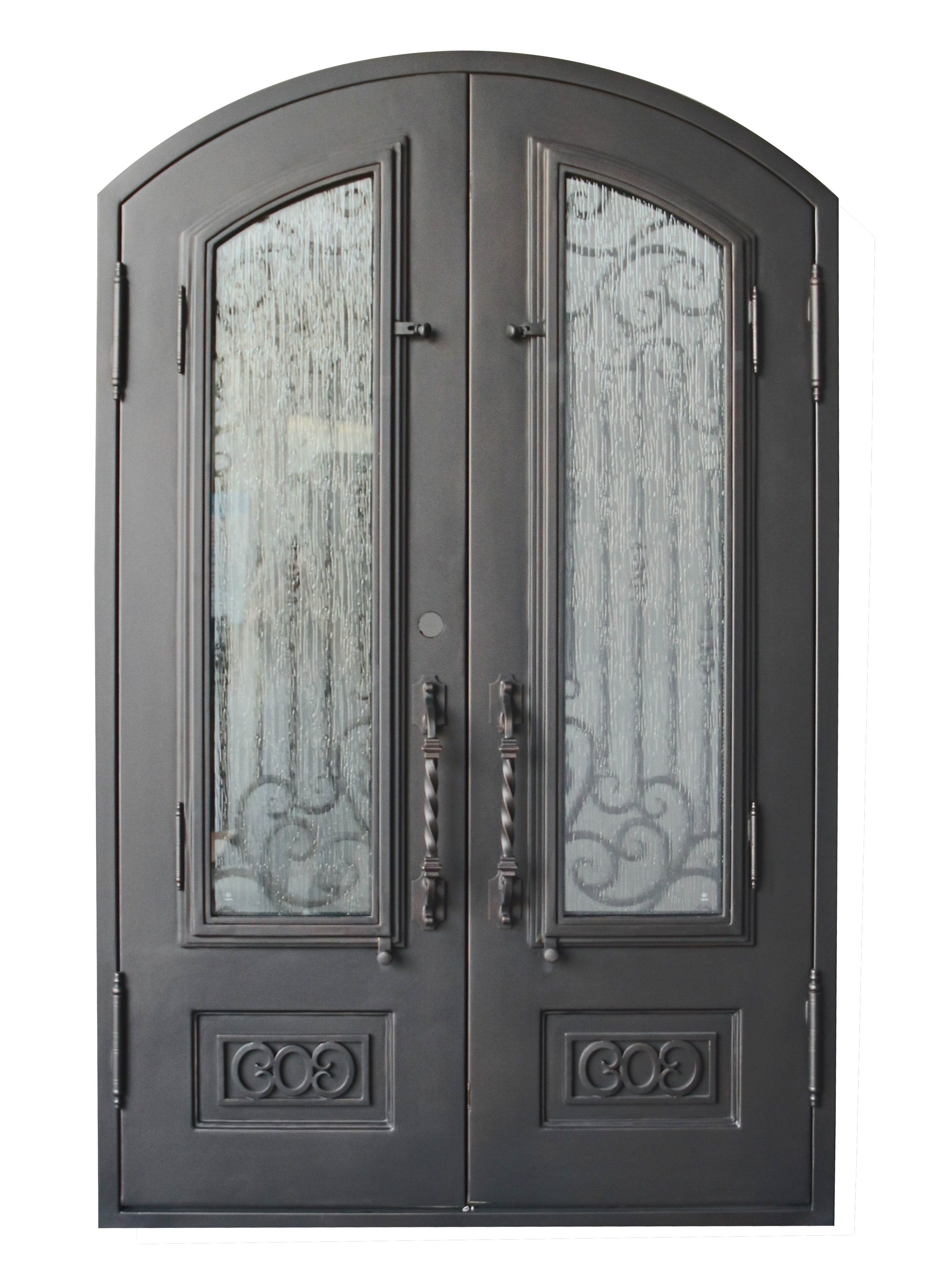Alvarado Model Double Front Entry Iron Door With Tempered Rain Glass Dark Bronze Finish