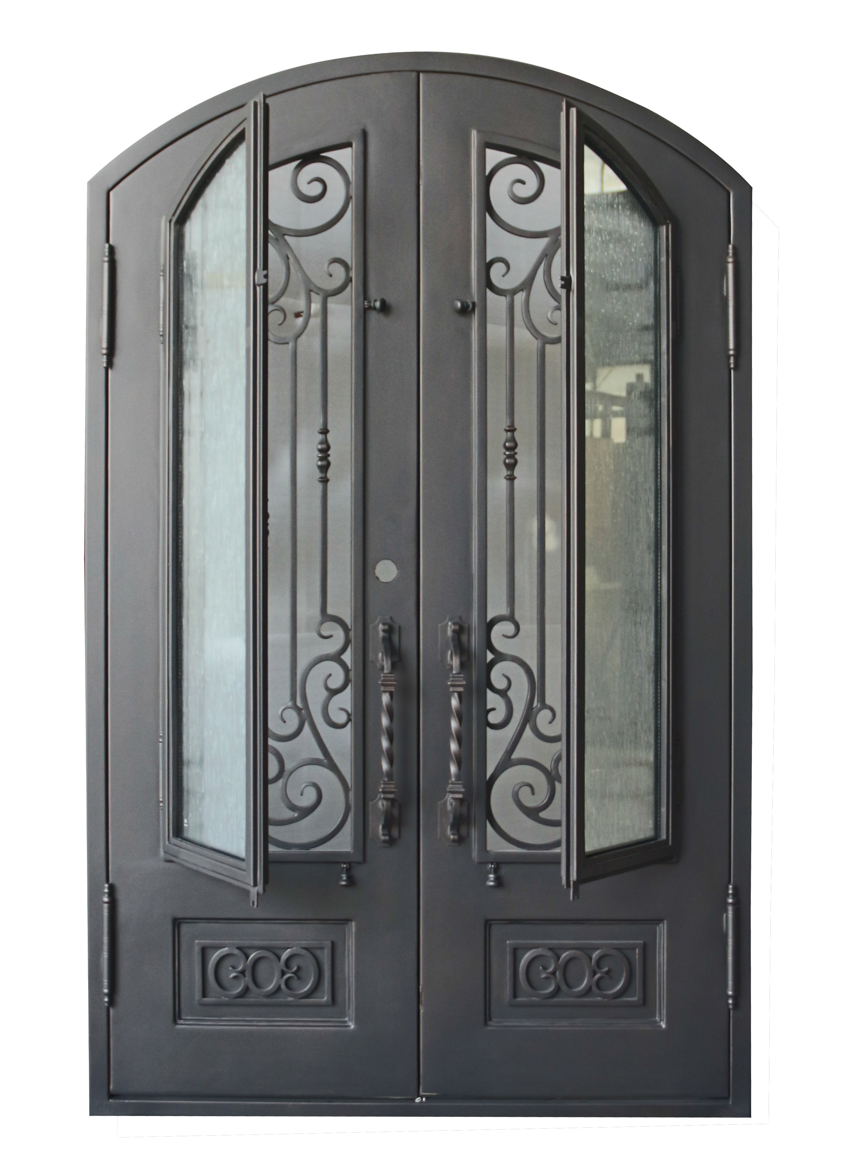 Alvarado Model Double Front Entry Iron Door With Tempered Rain Glass Dark Bronze Finish