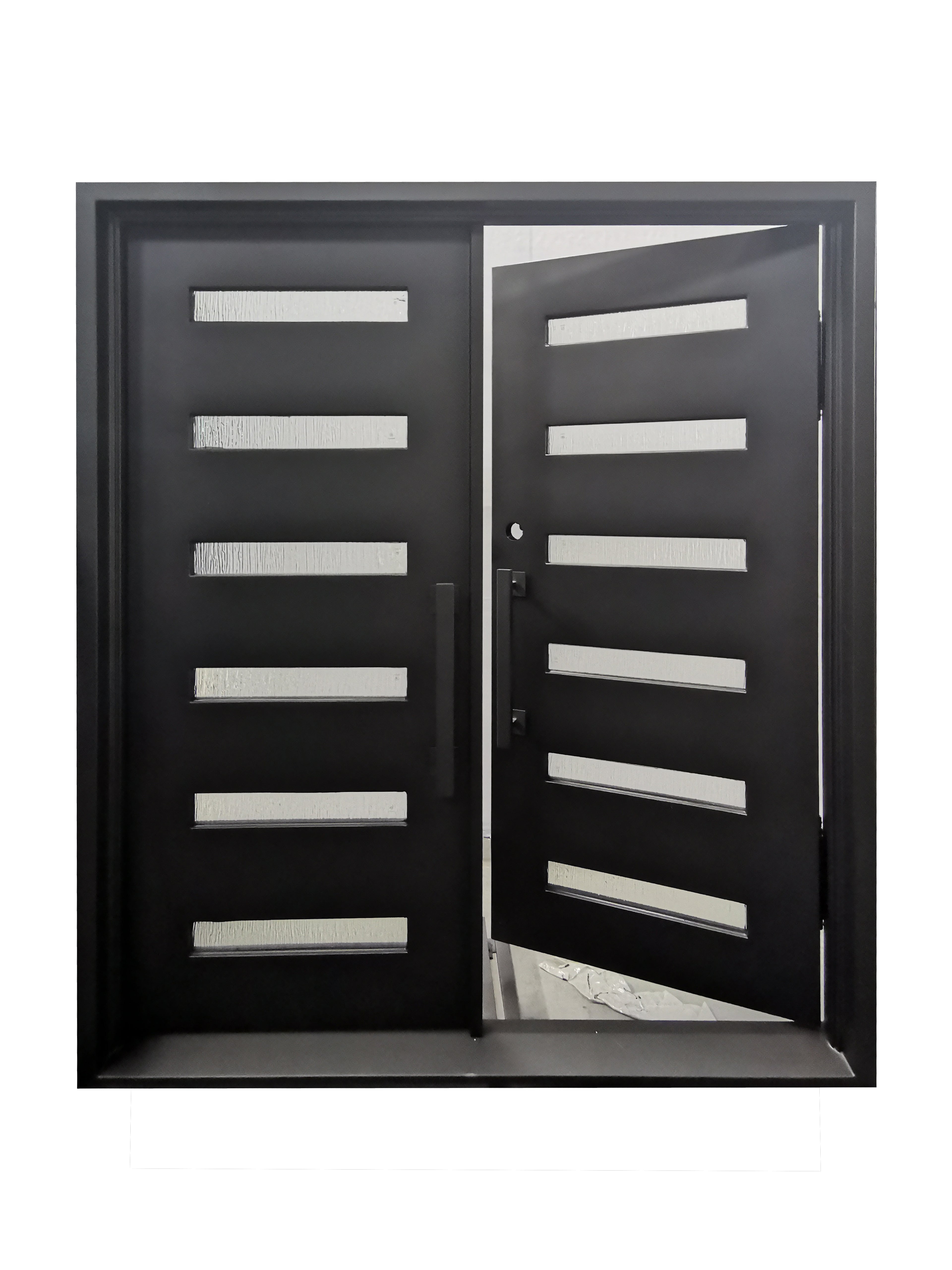 Aledo Model Double Front Entry Iron Door With Tempered Rain Glass Dark Bronze Finish