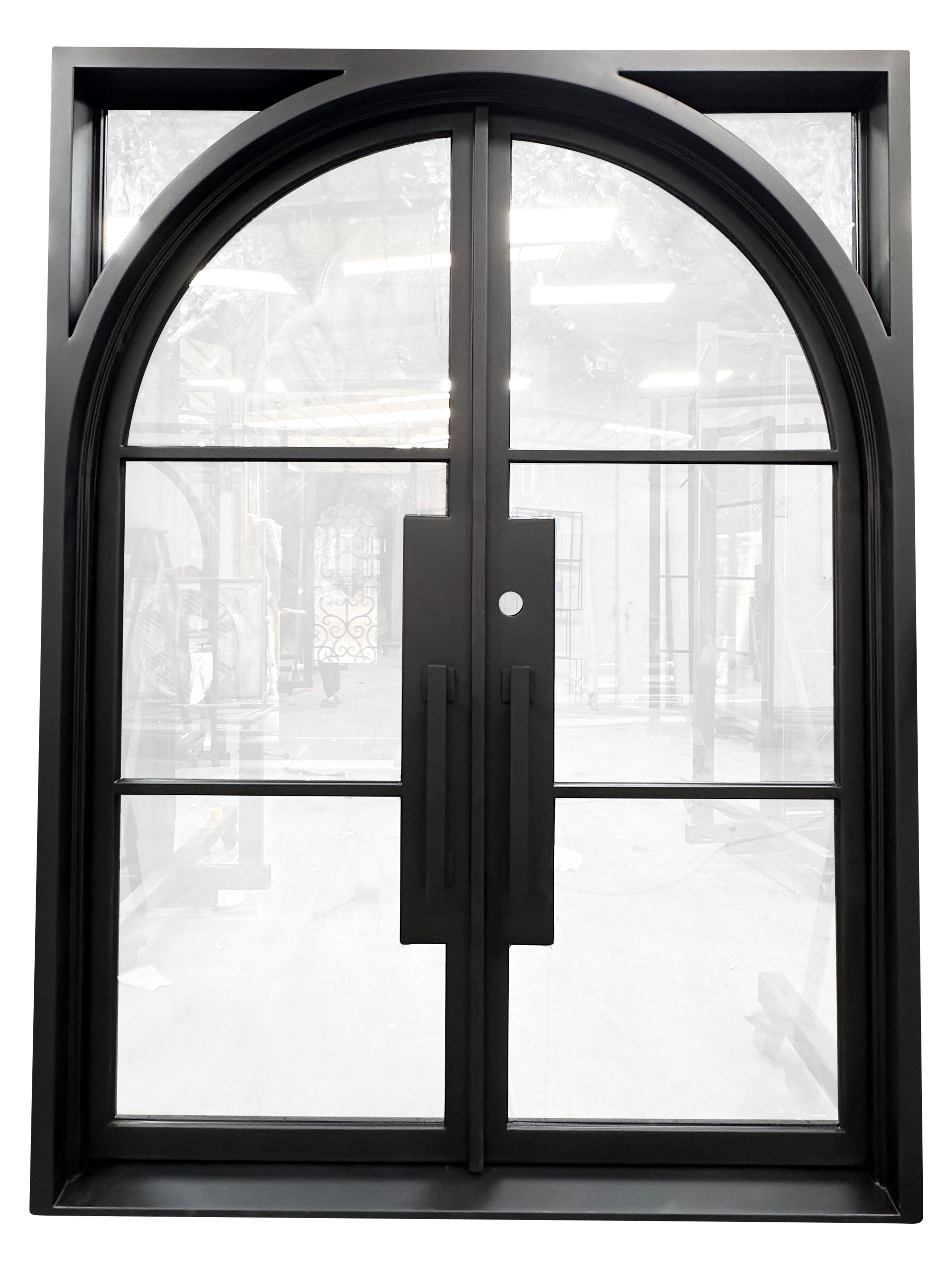 Dublin Model Double Front Entry Iron Door With Tempered Low E Clear Glass Matt Black Finish