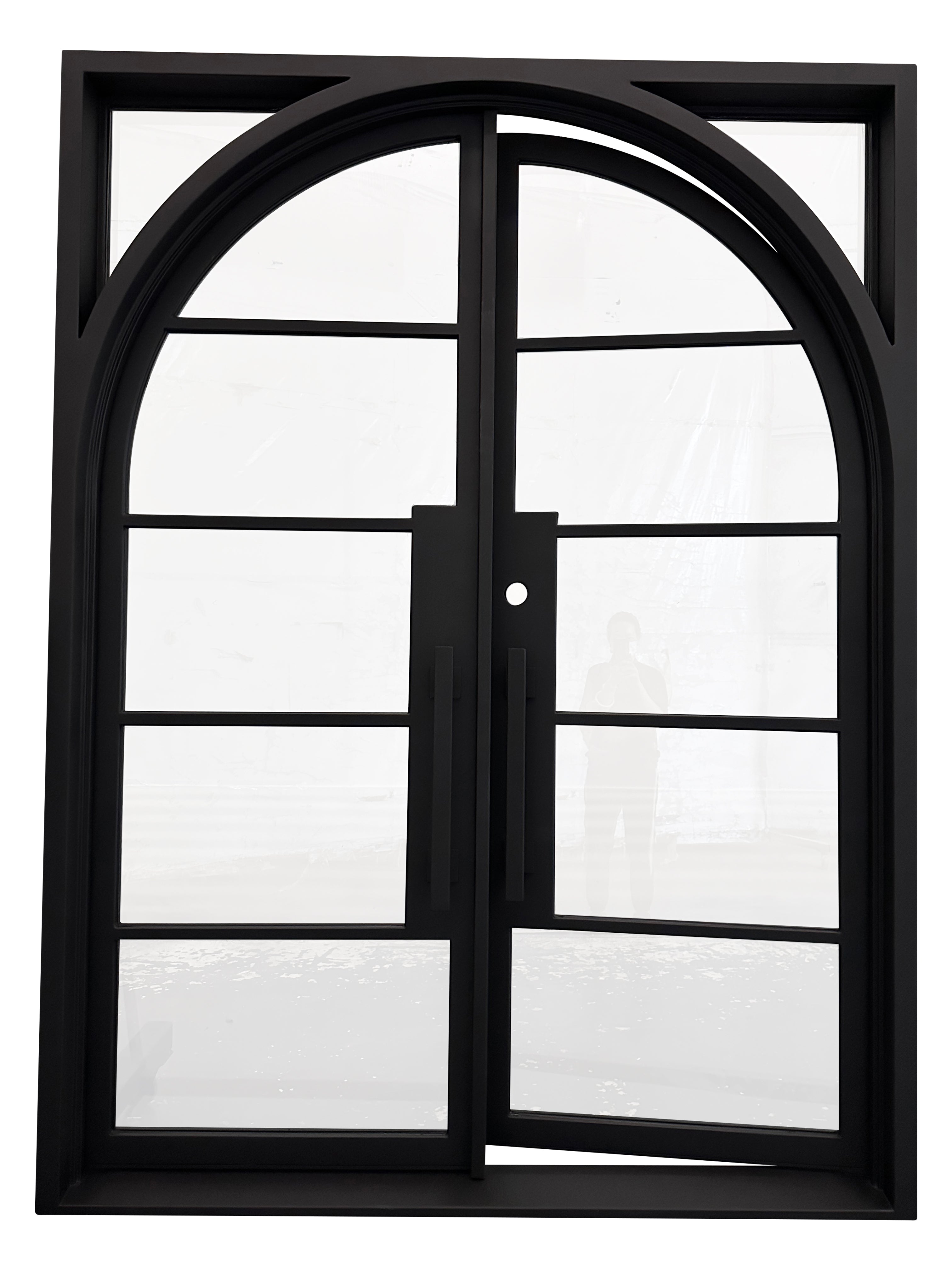 Dayton Model Double Front Entry Iron Door With Tempered Low E Clear Glass Matt Black Finish