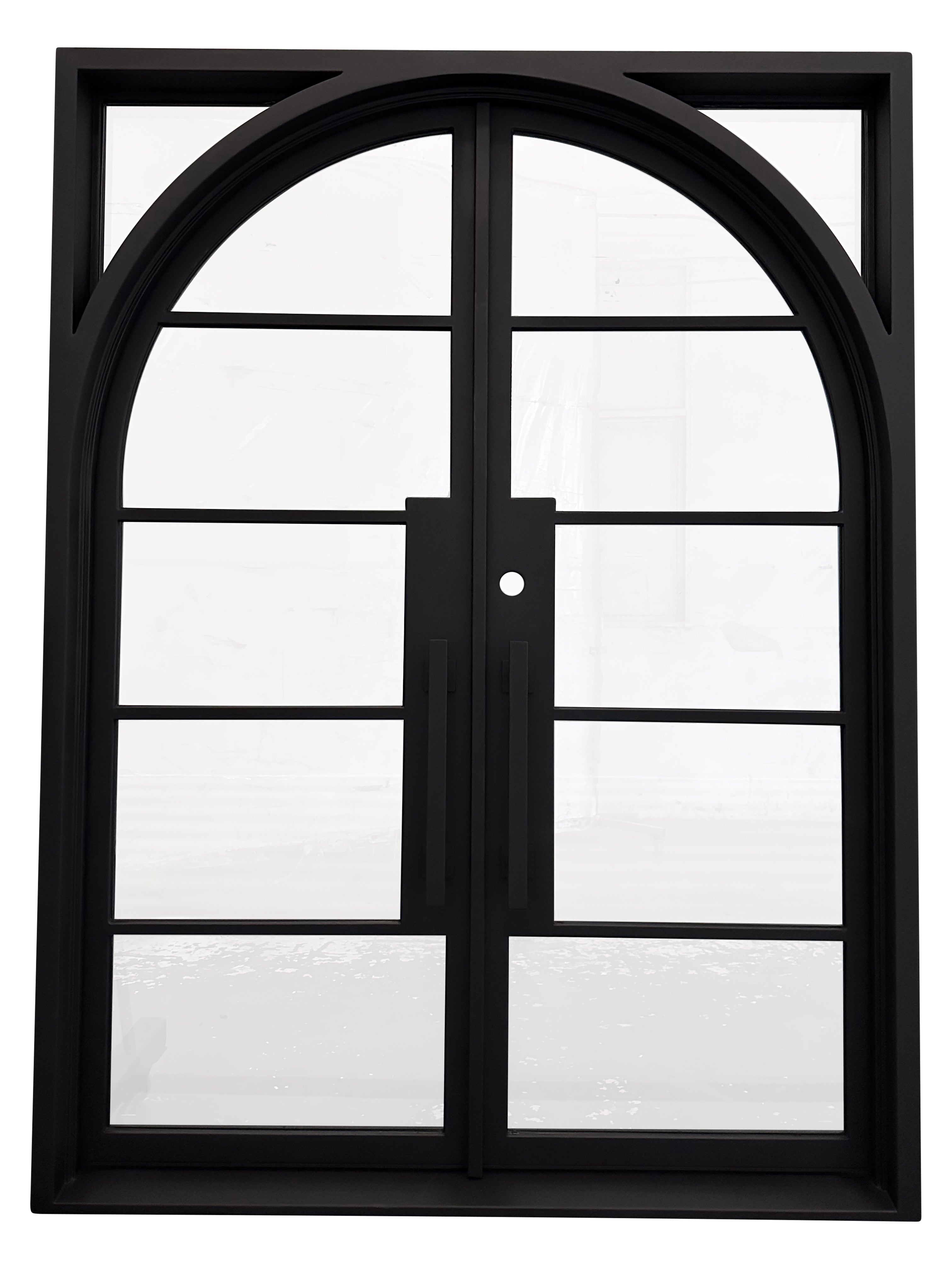 Dayton Model Double Front Entry Iron Door With Tempered Low E Clear Glass Matt Black Finish