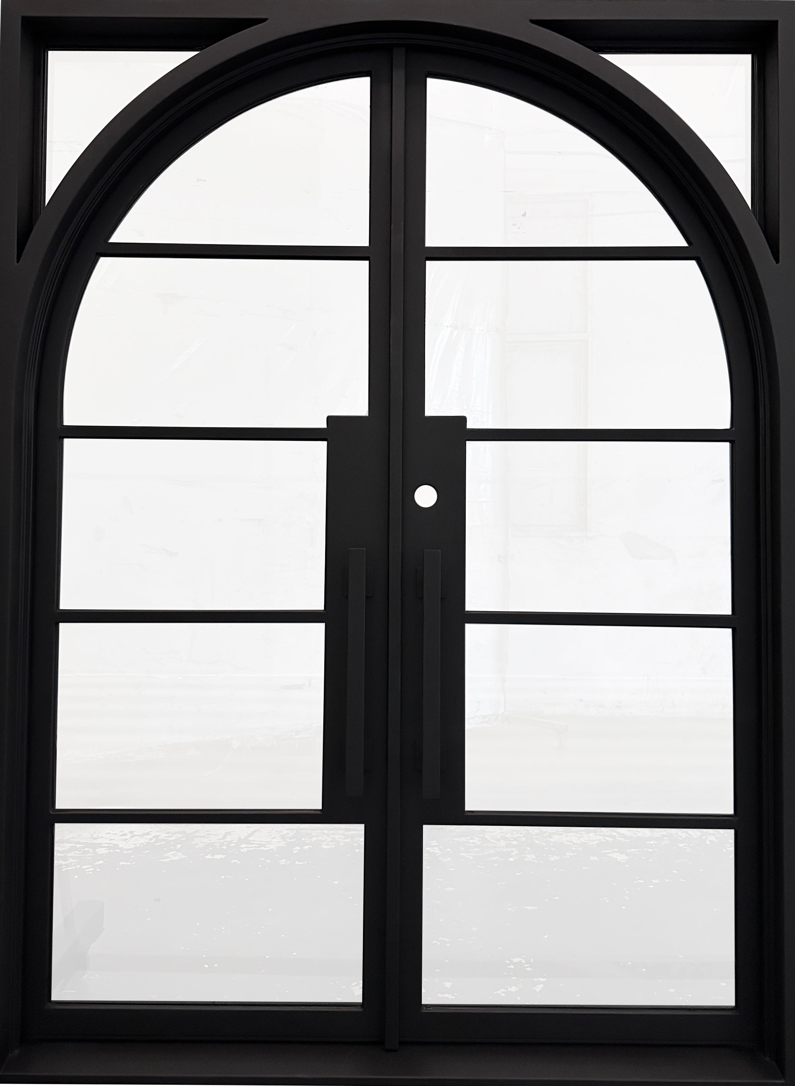 Dayton Model Double Front Entry Iron Door With Tempered Low E Clear Glass Matt Black Finish
