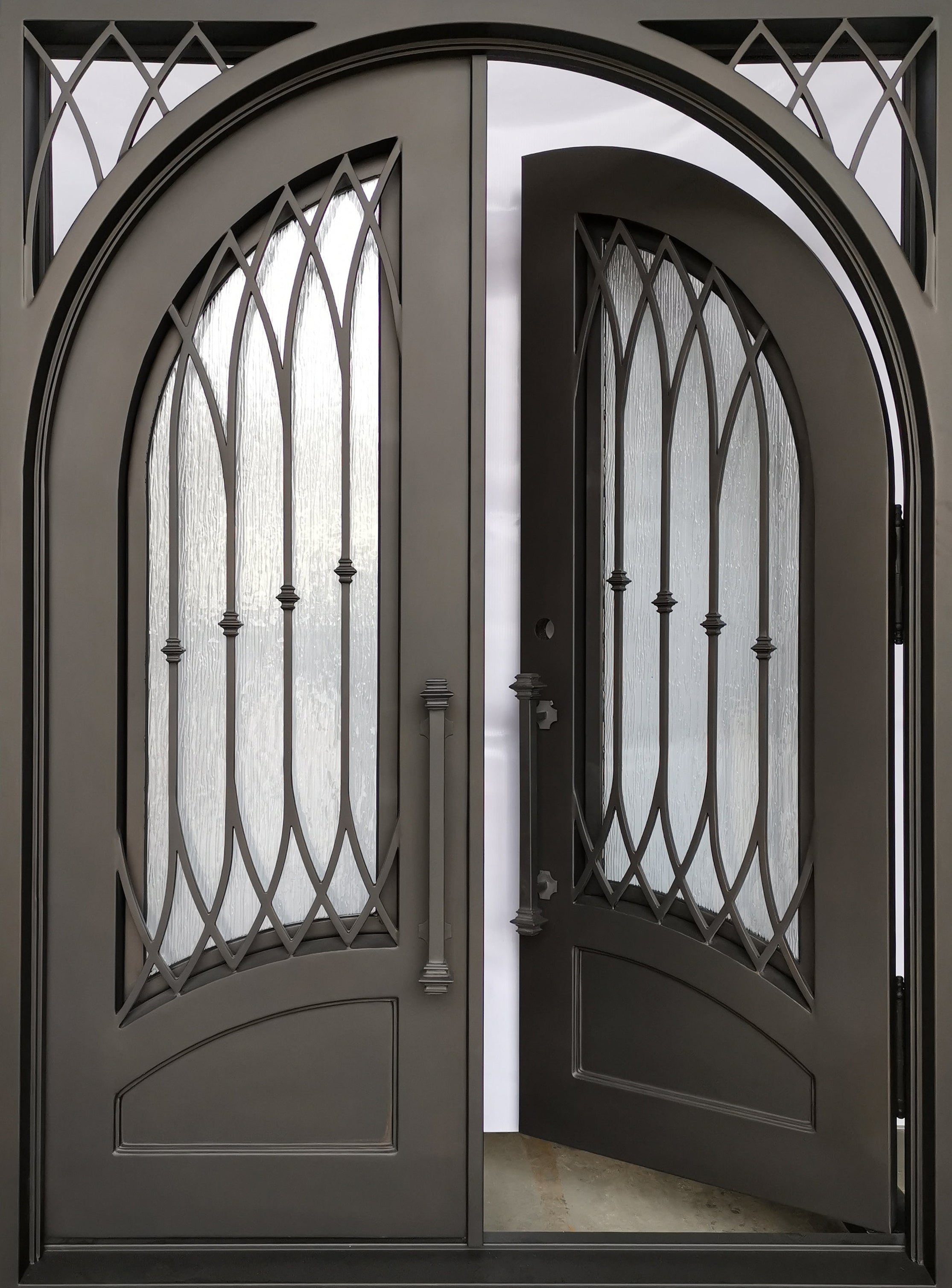 Austin Model Double Front Entry Iron Door With Tempered Rain Glass Dark Bronze Finish