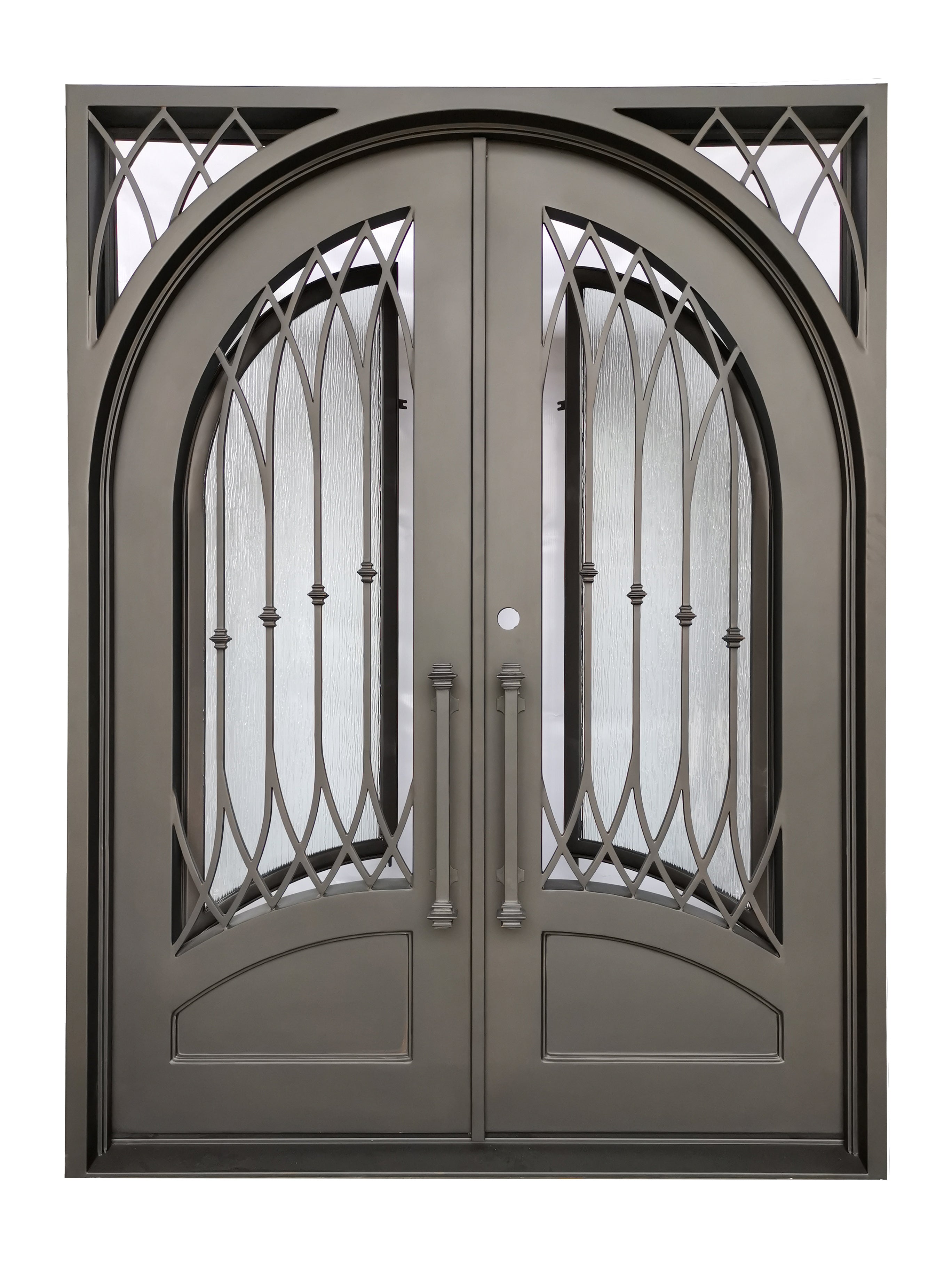 Austin Model Double Front Entry Iron Door With Tempered Rain Glass Dark Bronze Finish