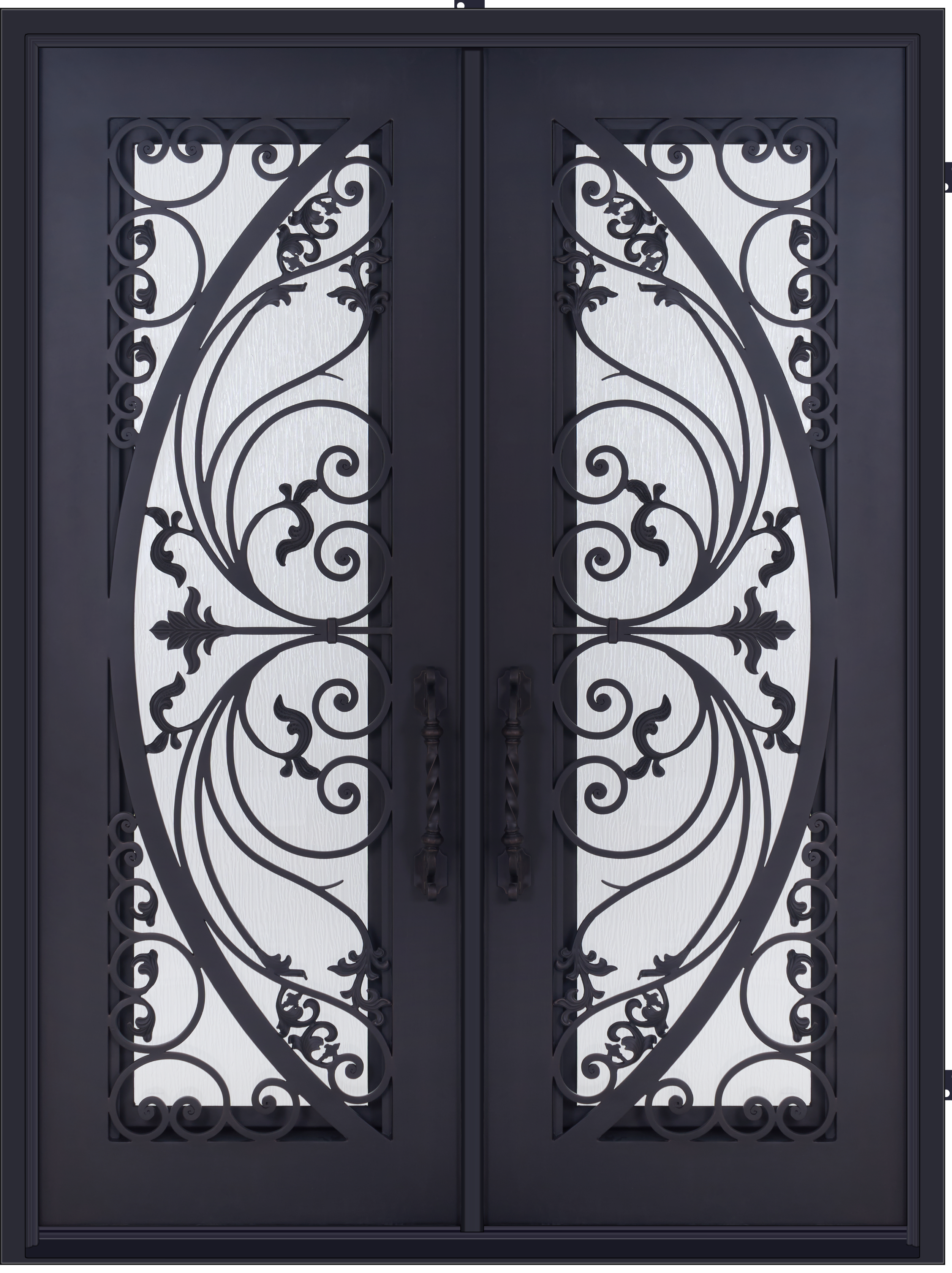 Victoria Model Double Front Entry Iron Door With Tempered Rain Glass Dark Bronze Finish