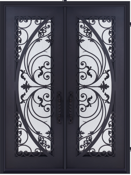 Victoria Model Double Front Entry Iron Door With Tempered Rain Glass Dark Bronze Finish