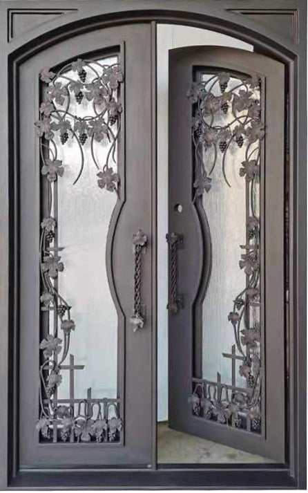 Grapevine Model Double Front Entry Iron Door With Tempered Rain Glass Dark Bronze Finish