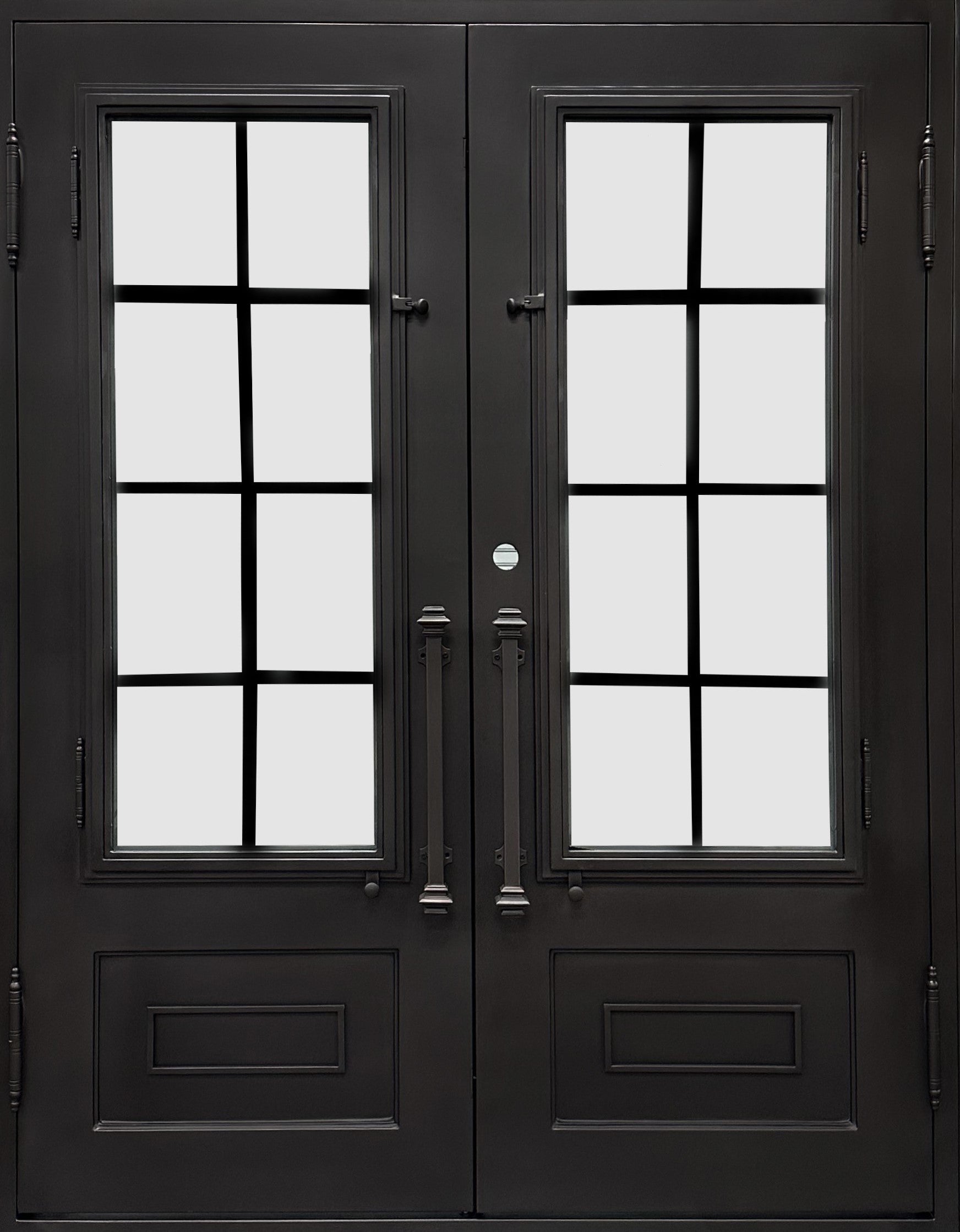 Aldine Model Double Front Entry Iron Door With Tempered Frosted Glass Dark Bronze Finish