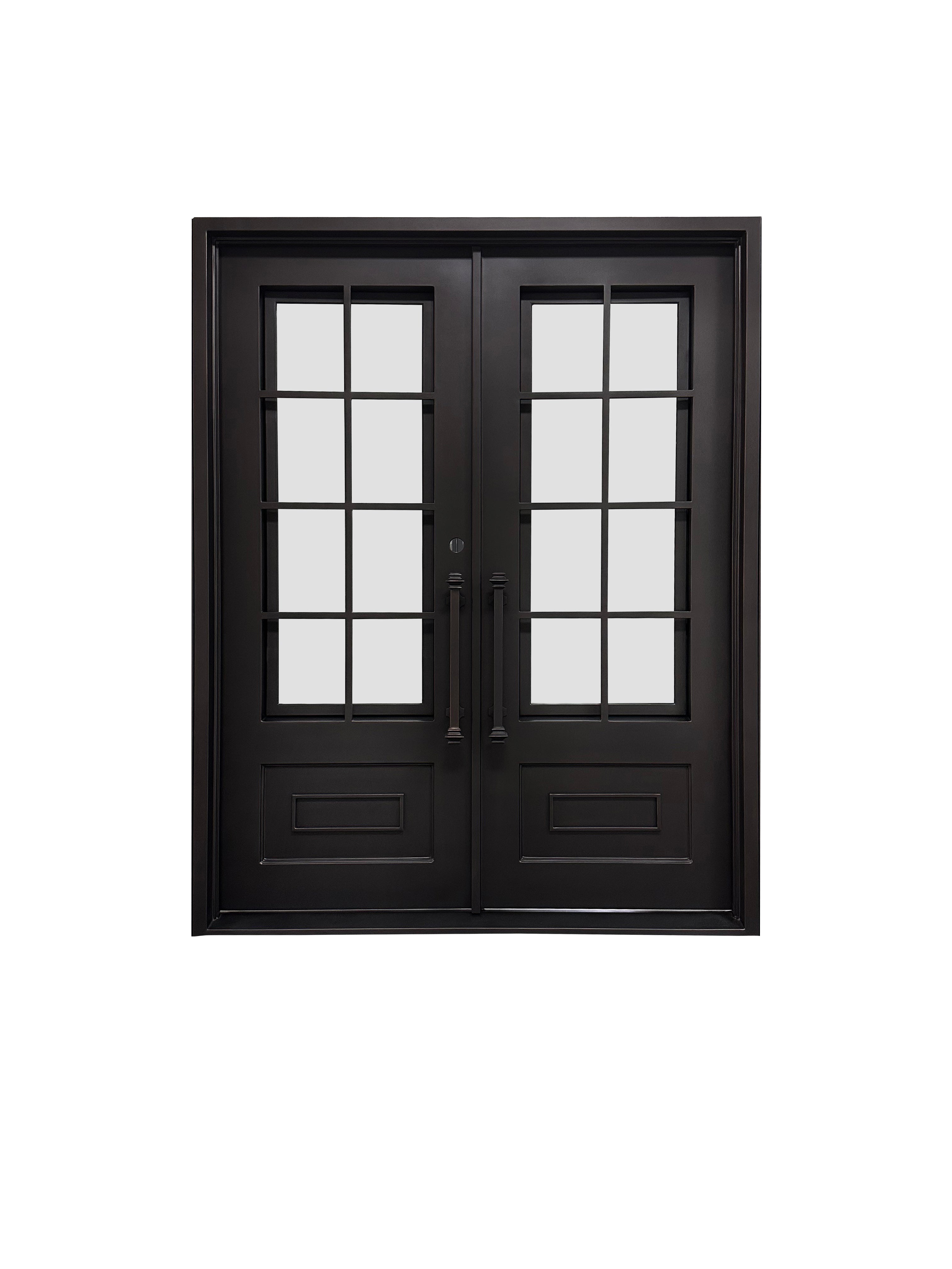 Aldine Model Double Front Entry Iron Door With Tempered Frosted Glass Dark Bronze Finish