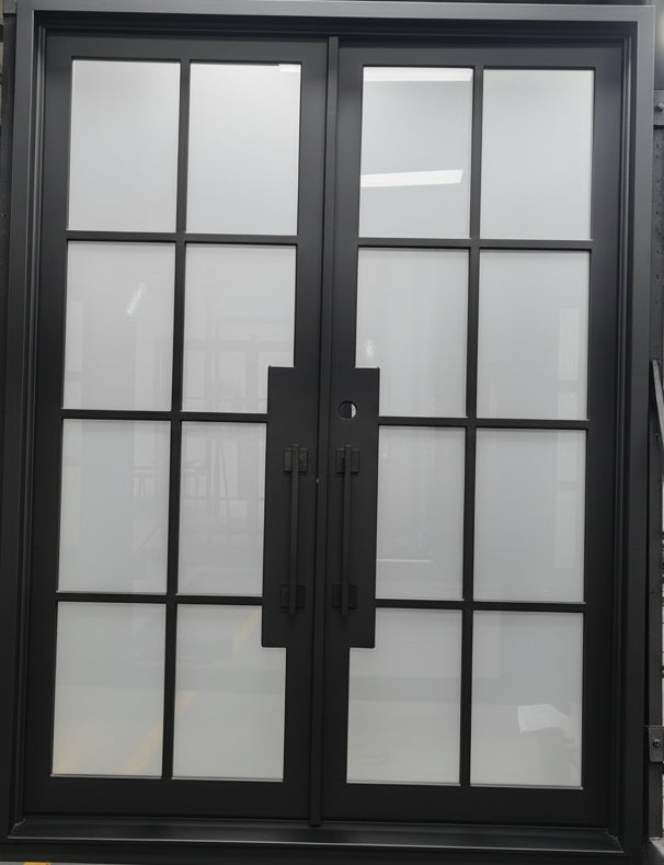 Beaumont Double Front Entry Iron Door With Tempered Frosted Glass Matt Black Finish
