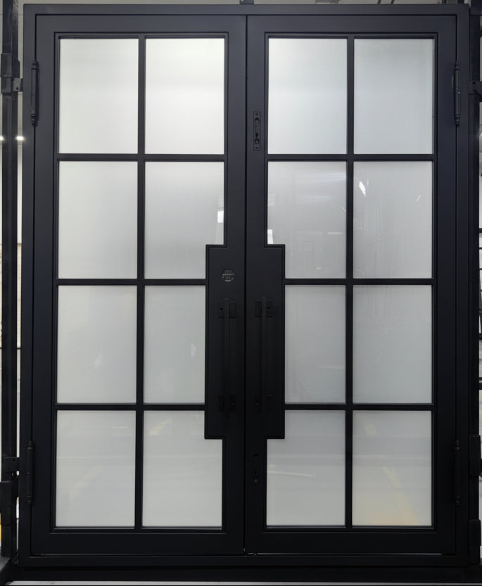 Beaumont Double Front Entry Iron Door With Tempered Frosted Glass Matt Black Finish