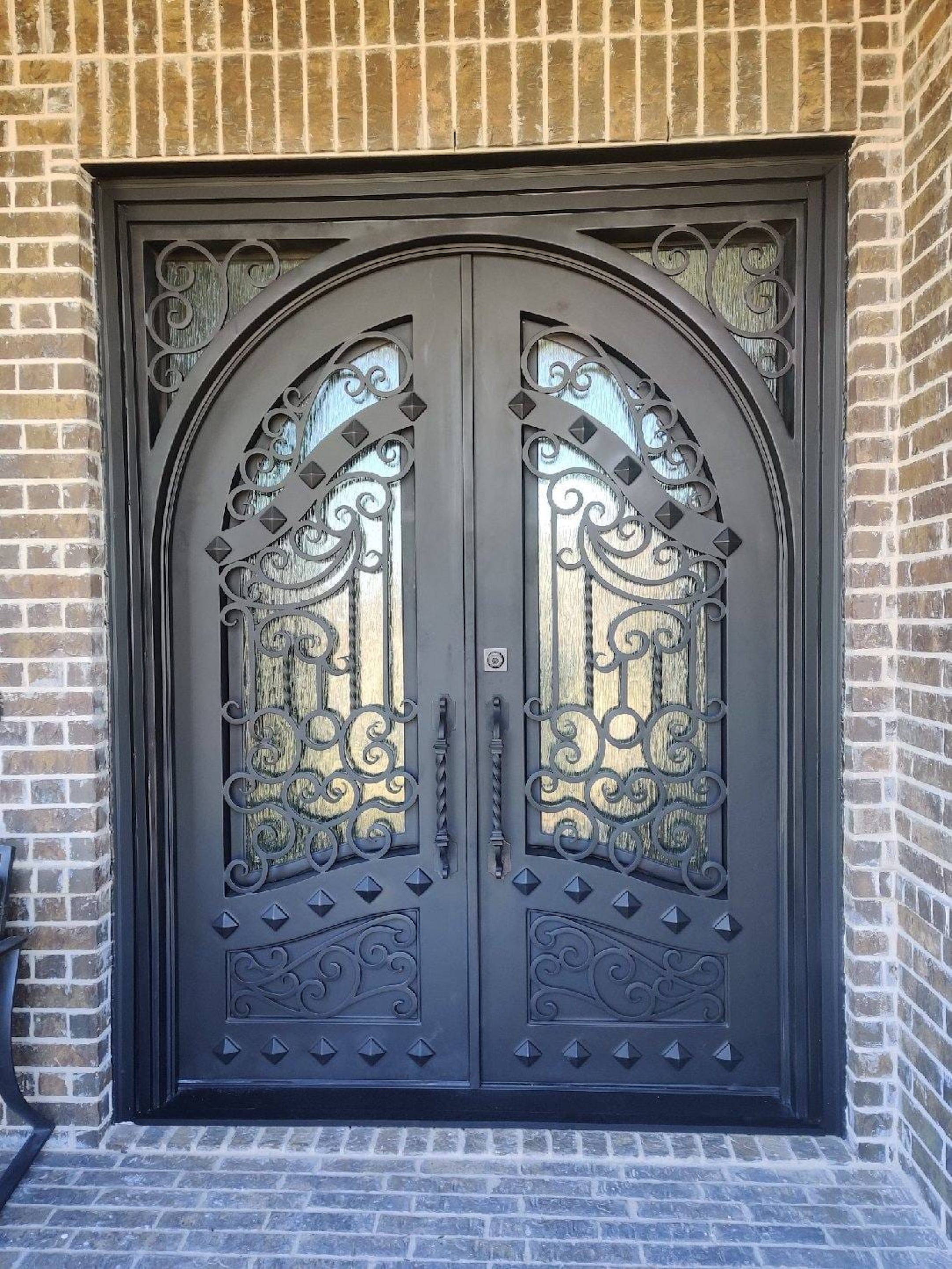 Canton Model Double Front Entry Iron Door With Tempered Rain Glass Dark Bronze Finish