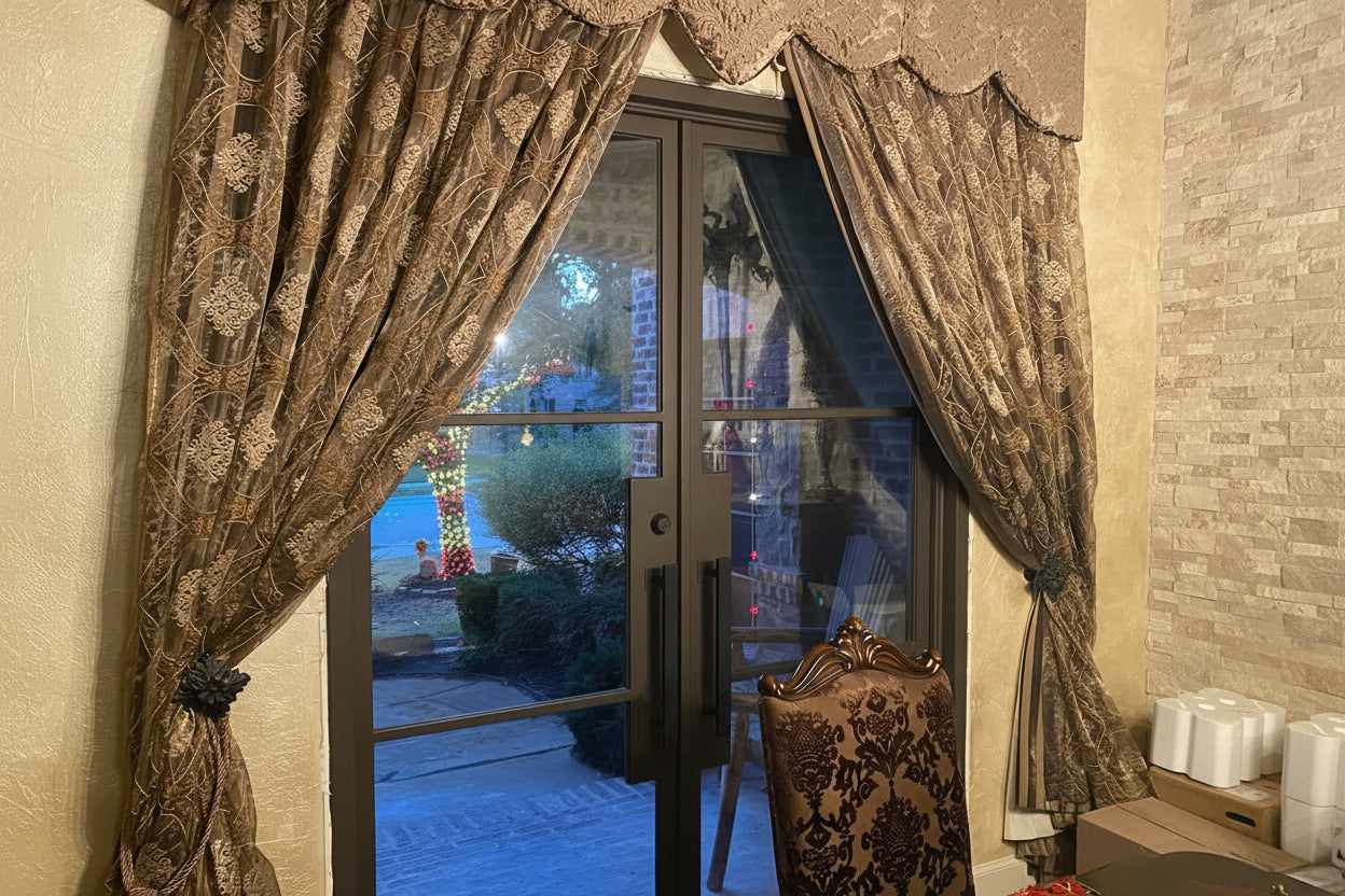 Hico Model Double Front Entry Iron Door With Tempered Low E Clear Glass Matt Black Finish