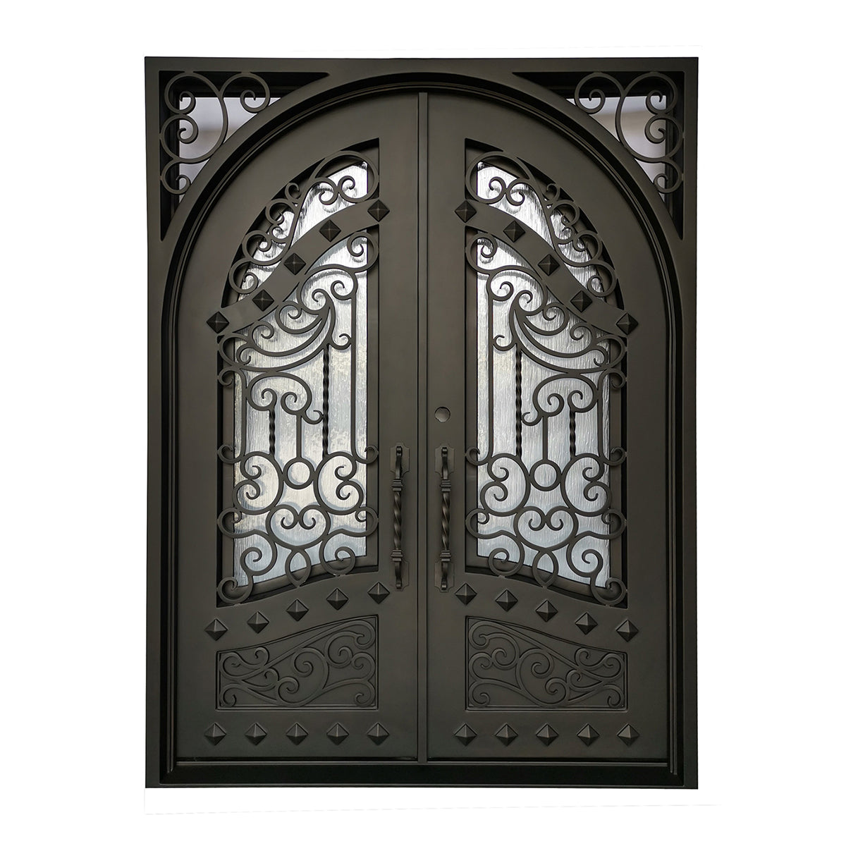 Canton Model Double Front Entry Iron Door With Tempered Rain Glass Dark Bronze Finish