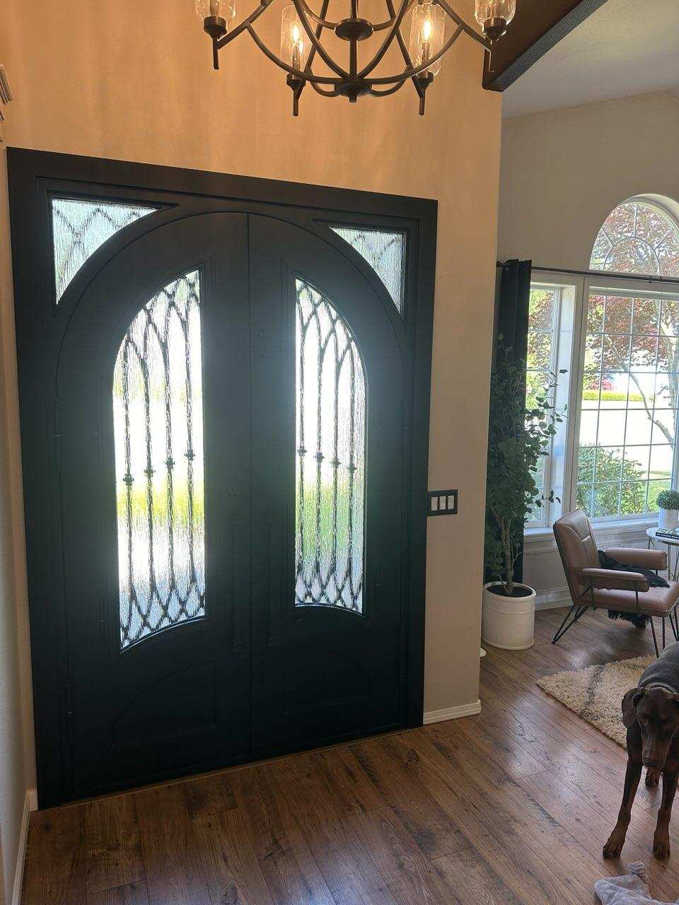 Austin Model Double Front Entry Iron Door With Tempered Rain Glass Dark Bronze Finish
