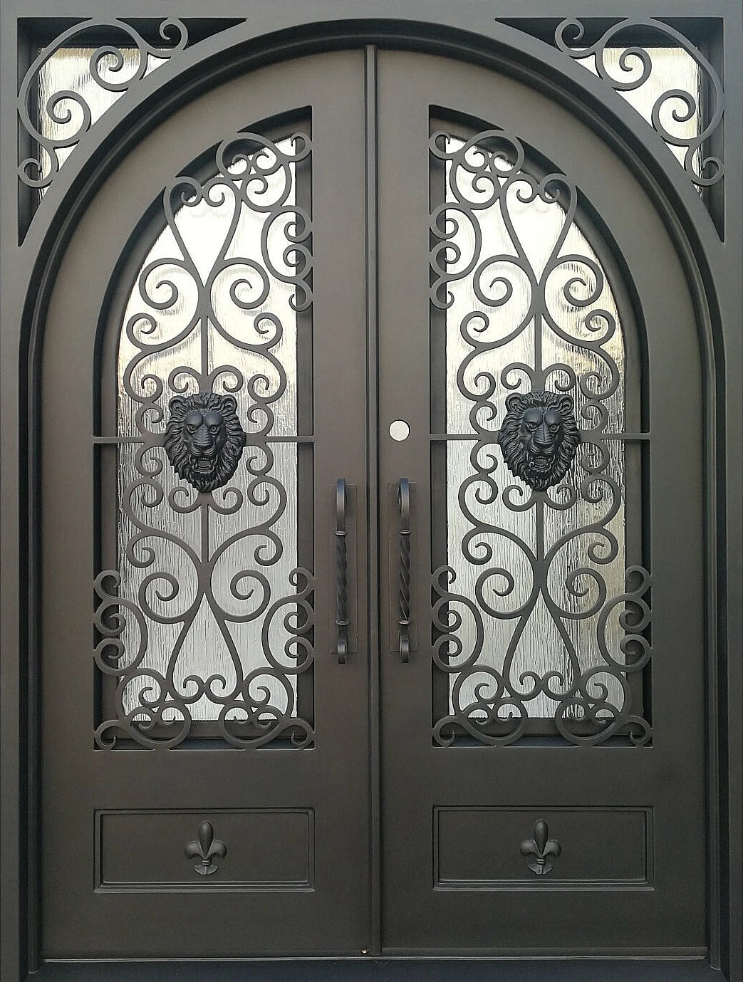 Coppell Model Double Front Entry Iron Door With Tempered Rain Glass Dark Bronze Finish
