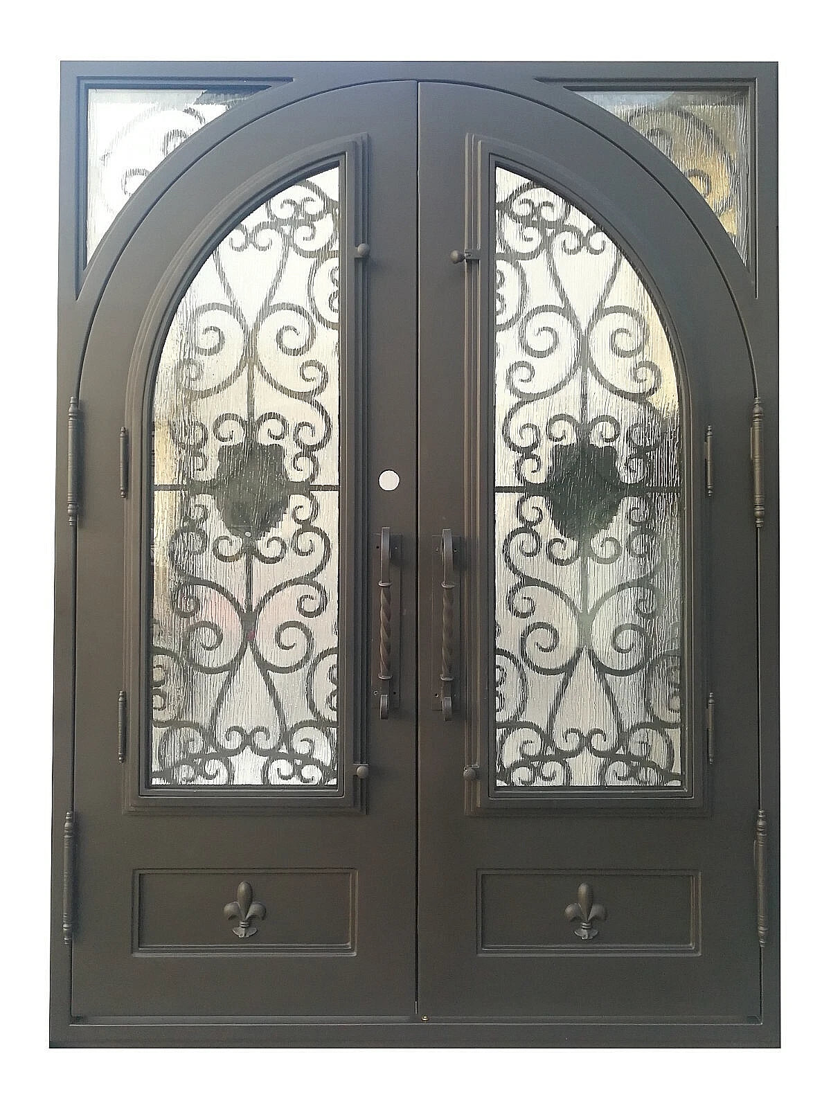 Coppell Model Double Front Entry Iron Door With Tempered Rain Glass Dark Bronze Finish