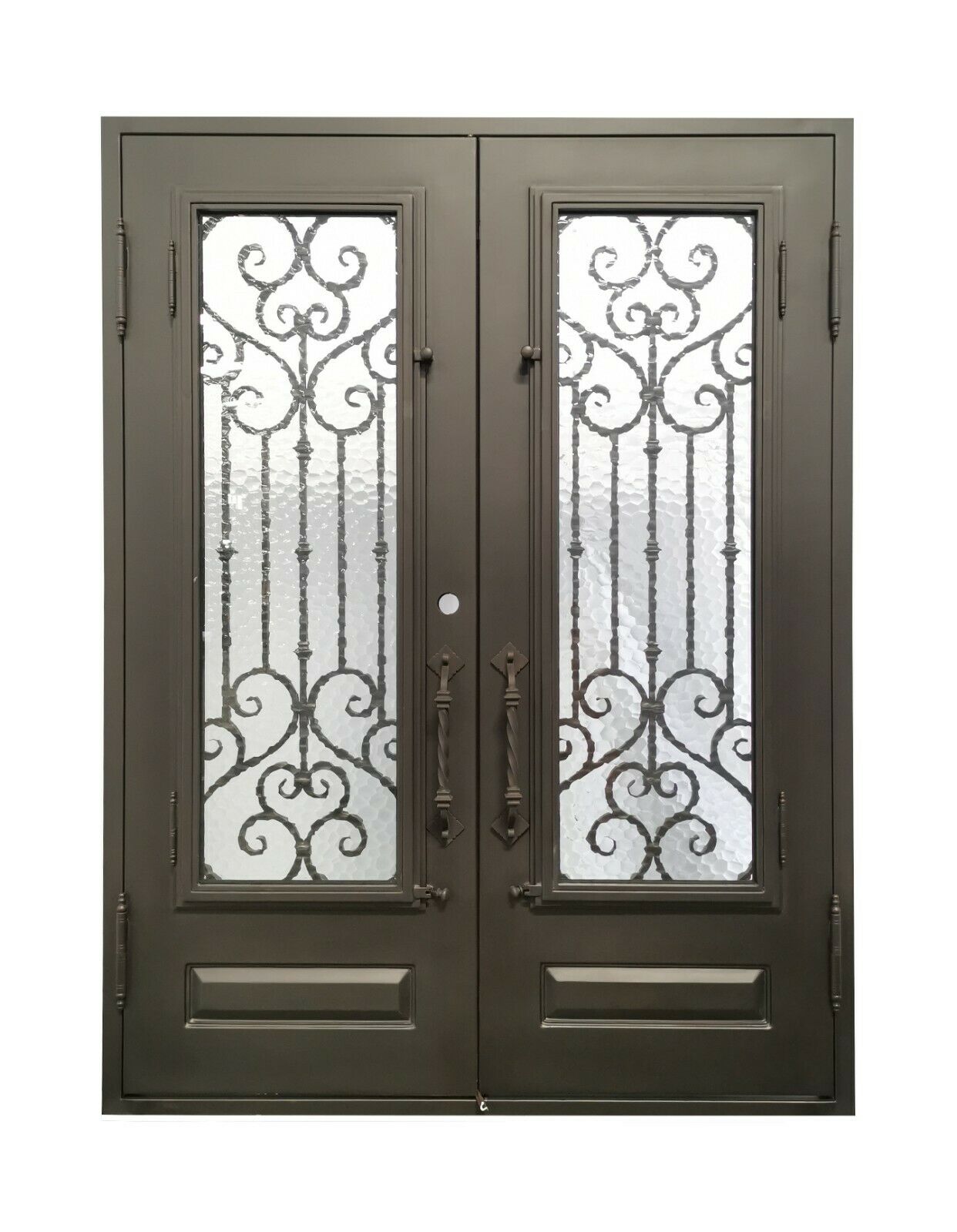 Bellmead Model Double Front Entry Iron Door With Tempered Water Cube Glass Dark Bronze Finish