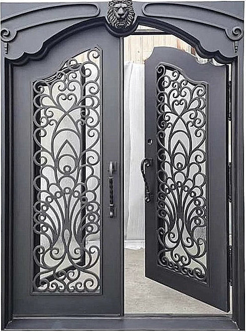 Parker Model Double Front Entry Iron Door With Tempered Rain Glass Dark Bronze Finish