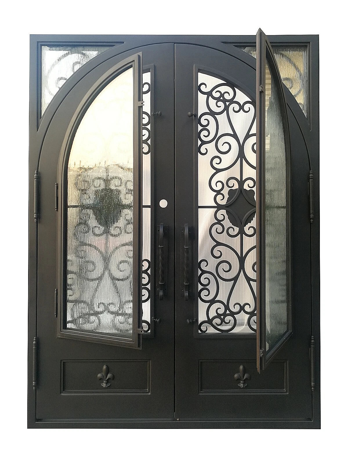 Coppell Model Double Front Entry Iron Door With Tempered Rain Glass Dark Bronze Finish