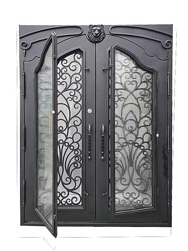 Parker Model Double Front Entry Iron Door With Tempered Rain Glass Dark Bronze Finish