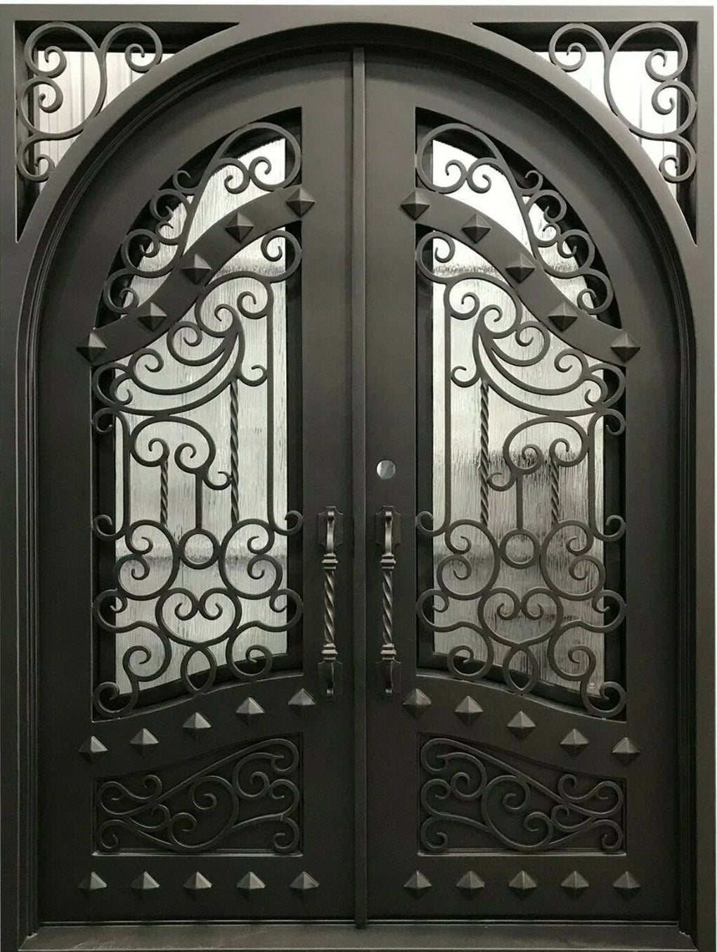 Canton Model Double Front Entry Iron Door With Tempered Rain Glass Dark Bronze Finish