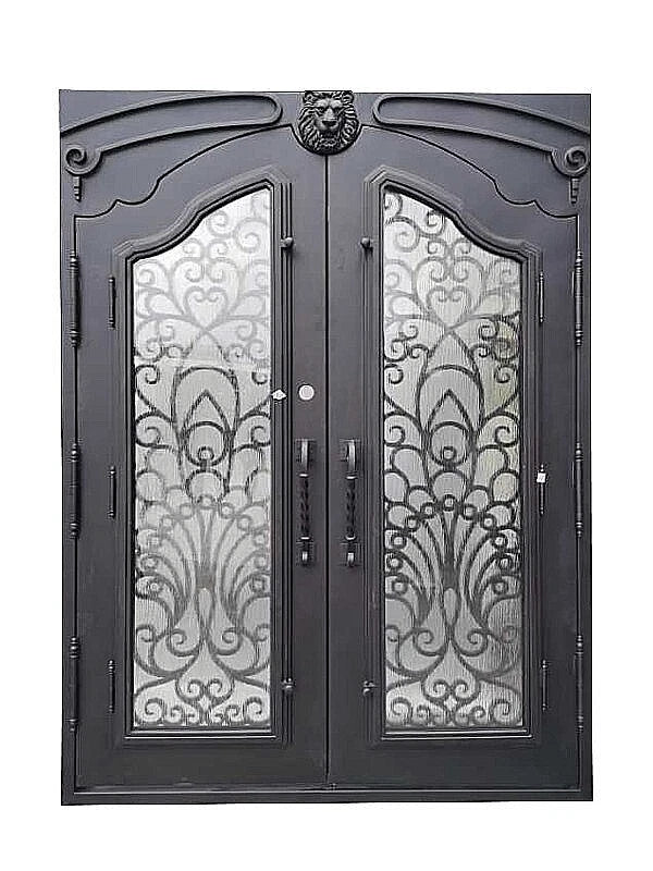Parker Model Double Front Entry Iron Door With Tempered Rain Glass Dark Bronze Finish