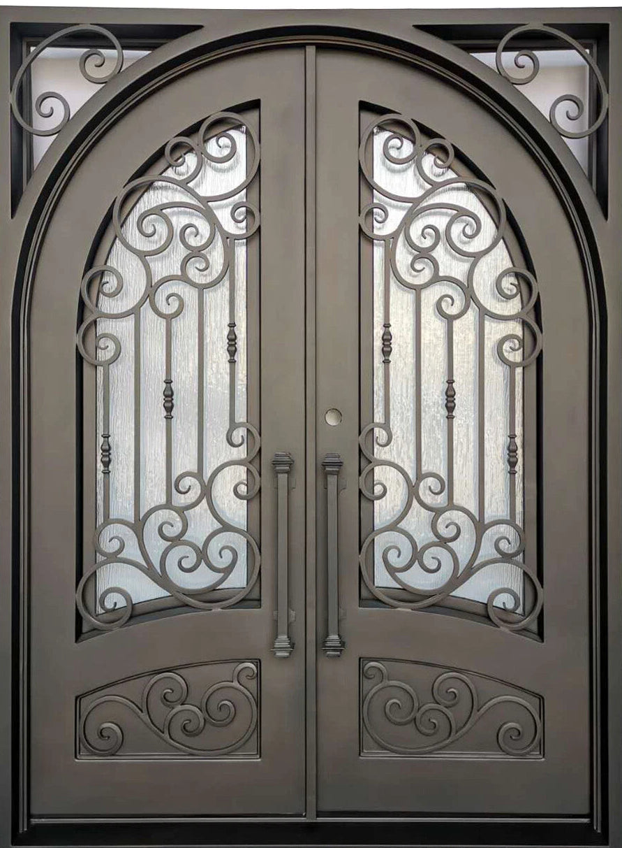 Conroe Model Double Front Entry Iron Door With Tempered Rain Glass Dark Bronze Finish