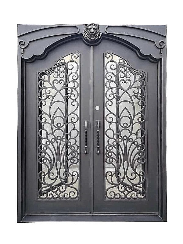 Parker Model Double Front Entry Iron Door With Tempered Rain Glass Dark Bronze Finish