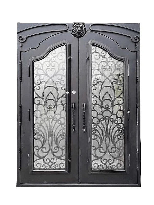 Parker Model Double Front Entry Iron Door With Tempered Rain Glass Dark Bronze Finish