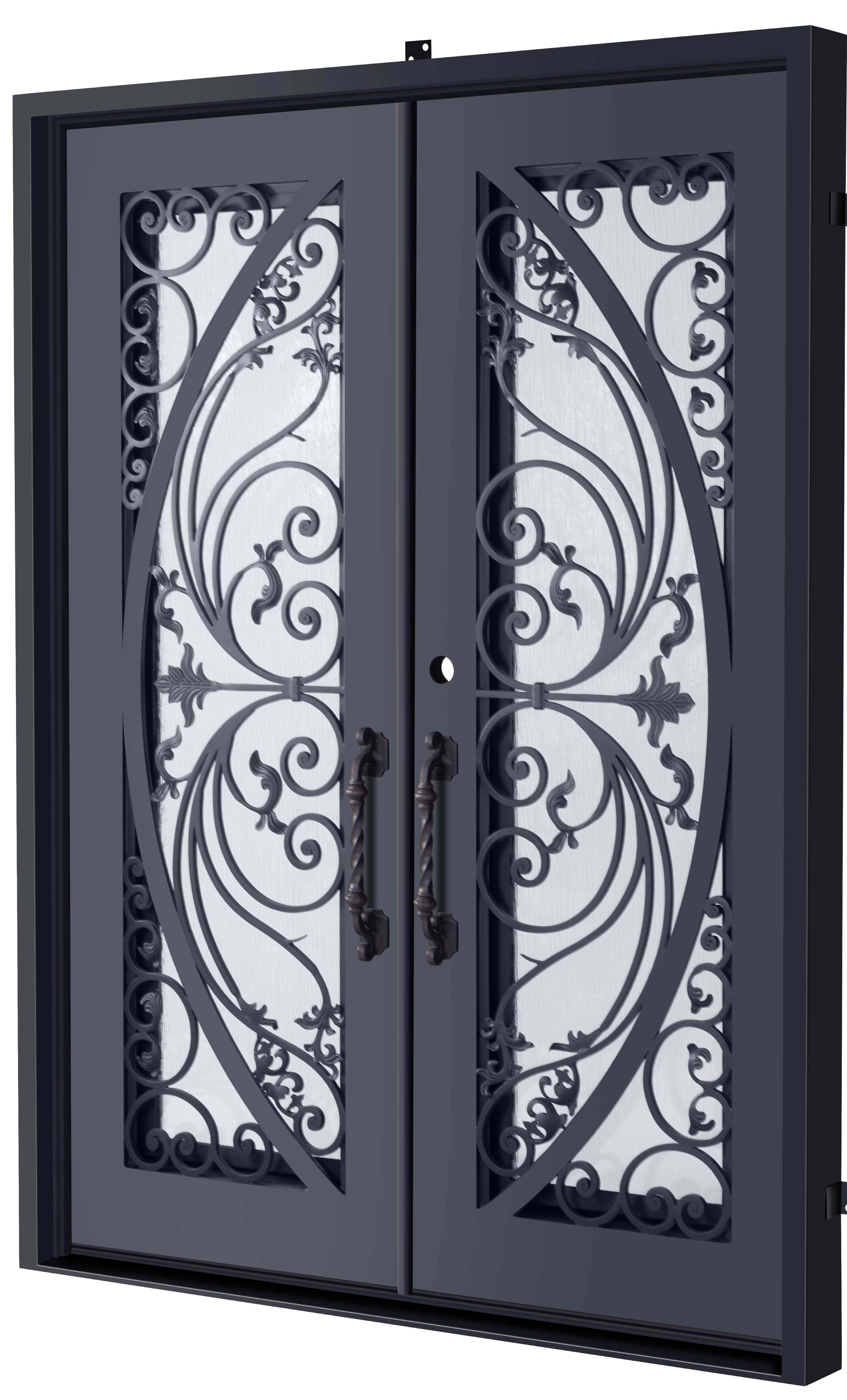 Victoria Model Double Front Entry Iron Door With Tempered Rain Glass Dark Bronze Finish