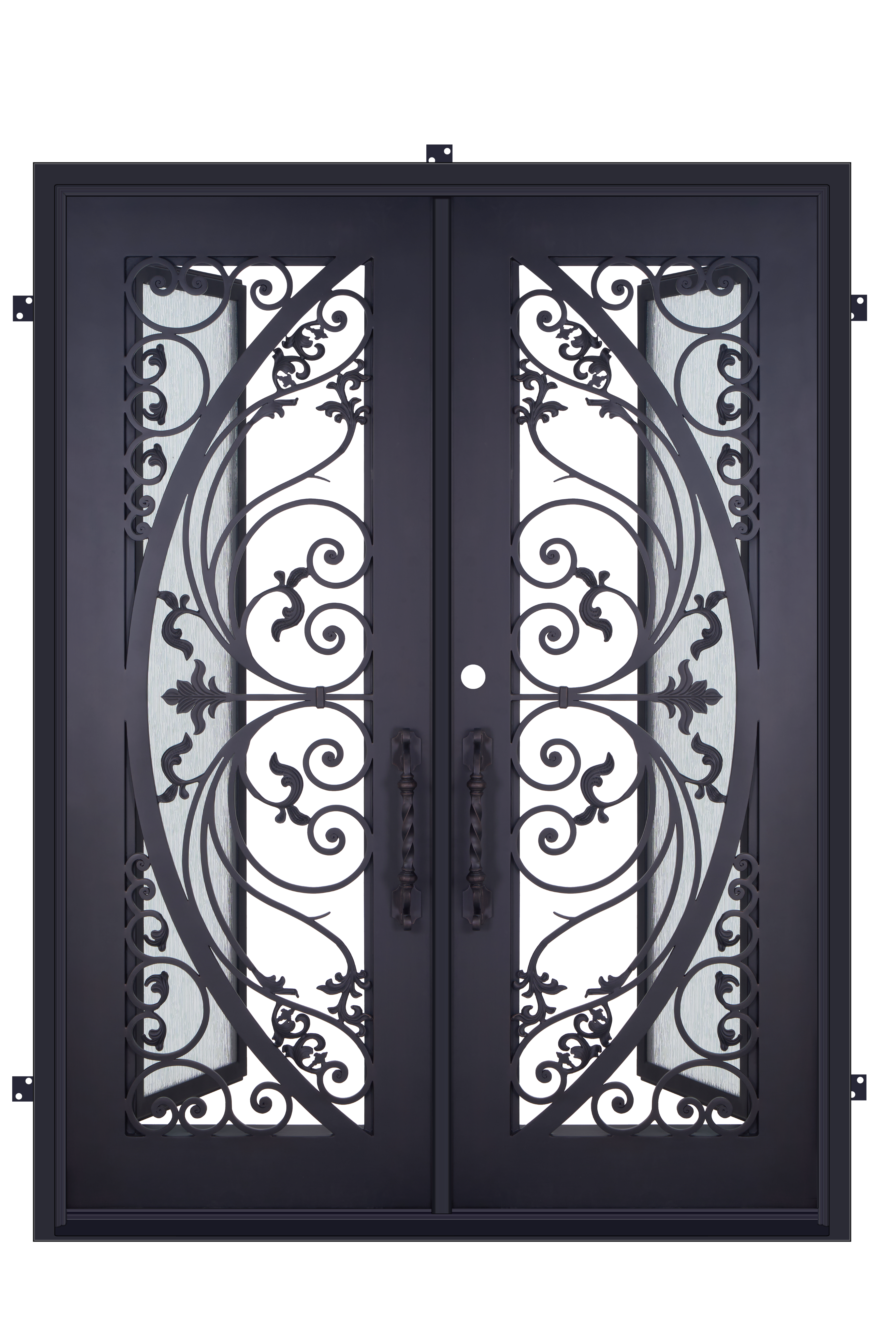 Victoria Model Double Front Entry Iron Door With Tempered Rain Glass Dark Bronze Finish