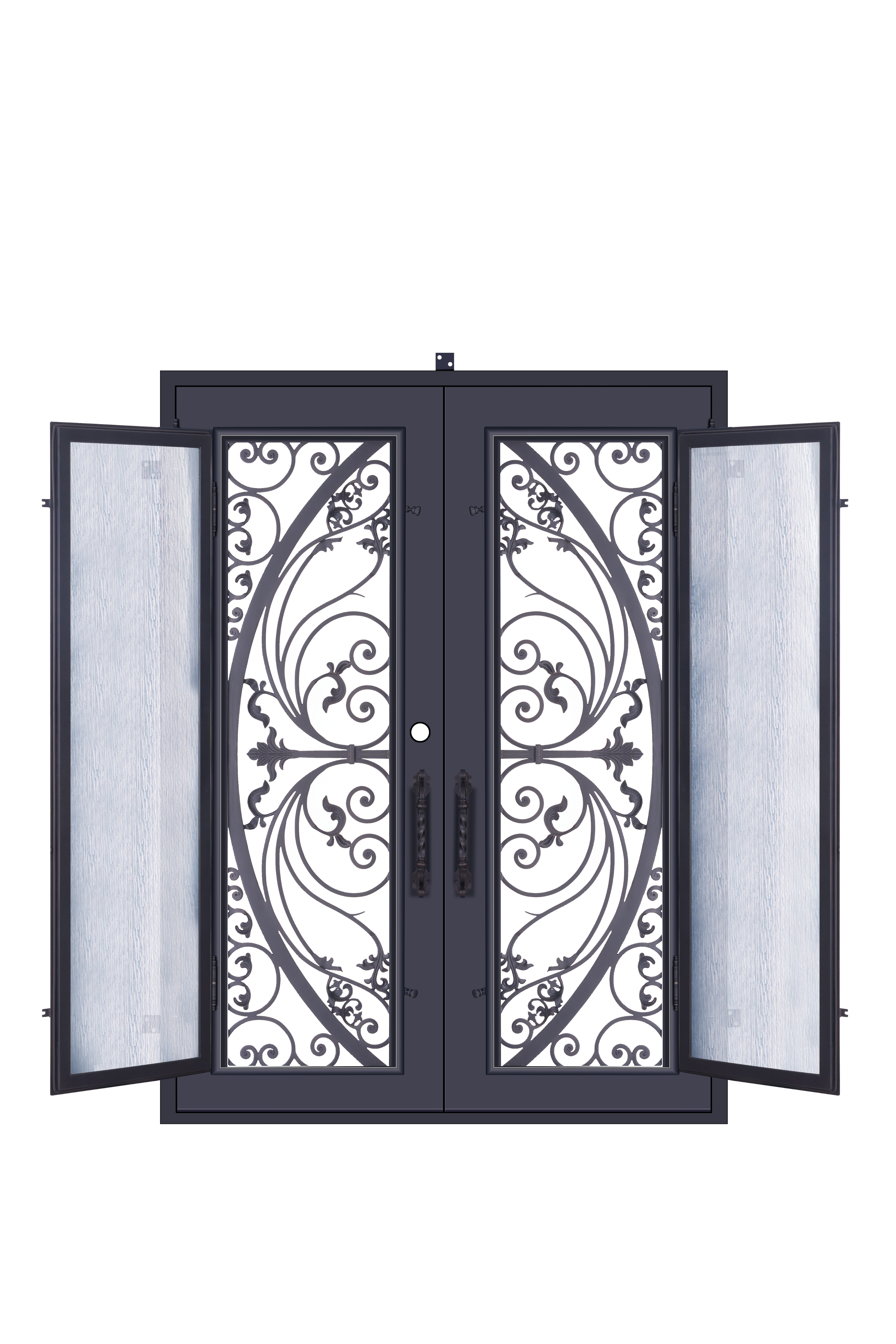 Victoria Model Double Front Entry Iron Door With Tempered Rain Glass Dark Bronze Finish