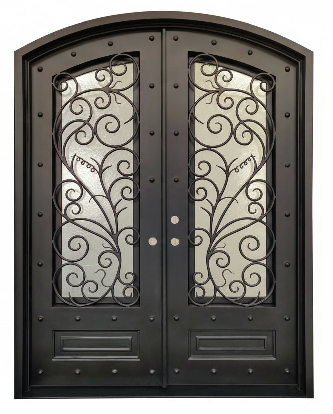 Crowley Model Double Front Entry Iron Door With Tempered Aqua Lite Glass Dark Bronze Finish - AAWAIZ IMPORTS