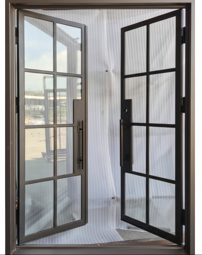 Bruceville Double Front Entry Iron Door With Tempered Low E Clear Glass Matt Black Finish - AAWAIZ IMPORTS