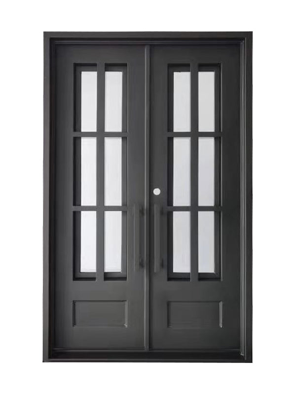 Boyd Model Double Front Entry Iron Door With Tempered Low E Clear Glass Matt Black Finish