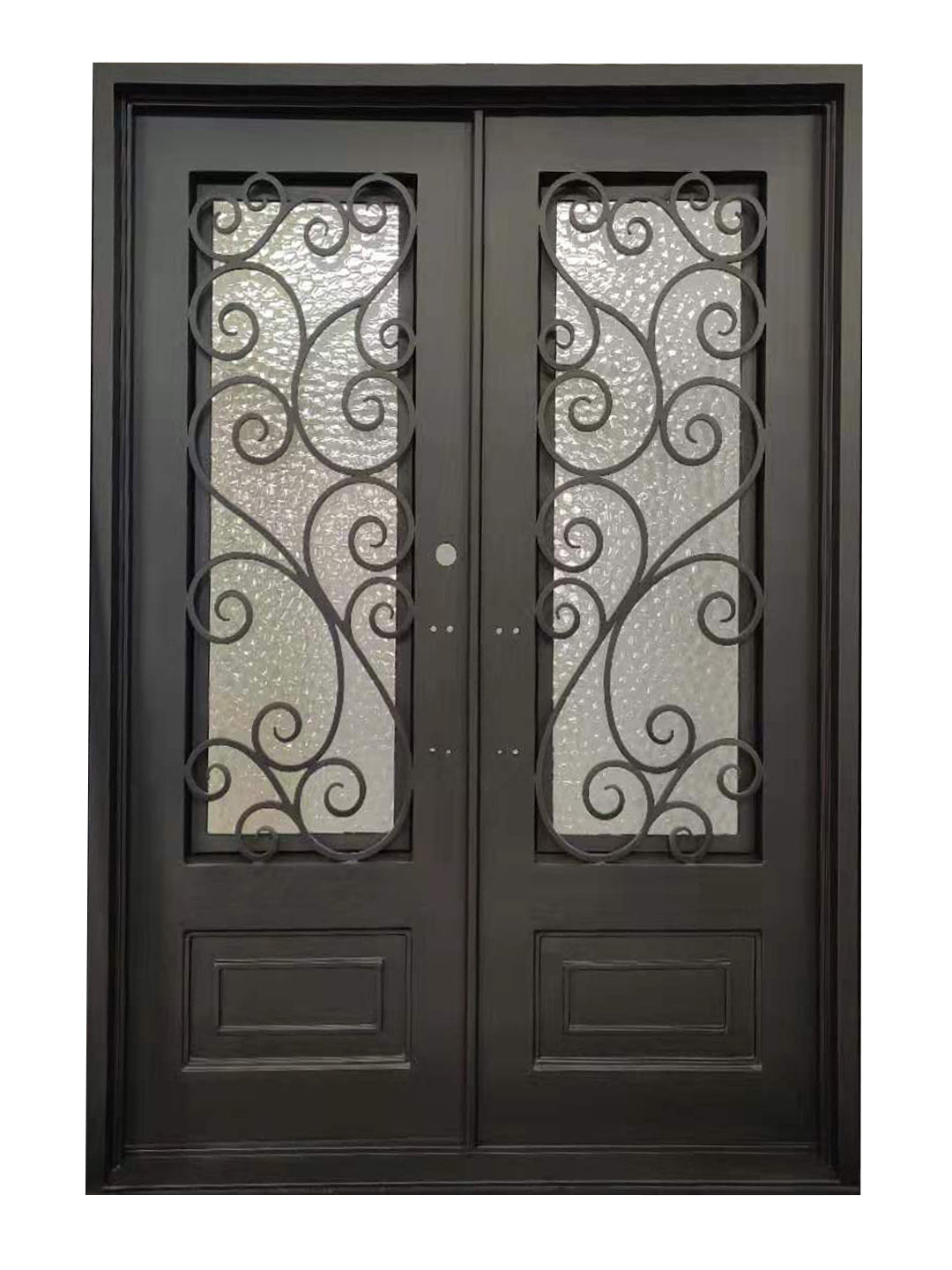 Abbott Model Double Front Entry Iron Door With Tempered Water Cube Glass Dark Bronze Finish - AAWAIZ IMPORTS