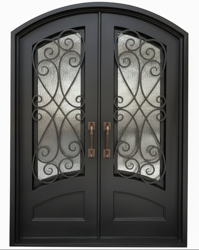 Azle Model Double Front Entry Iron Door With Tempered Rain Glass Dark Bronze Finish - AAWAIZ IMPORTS