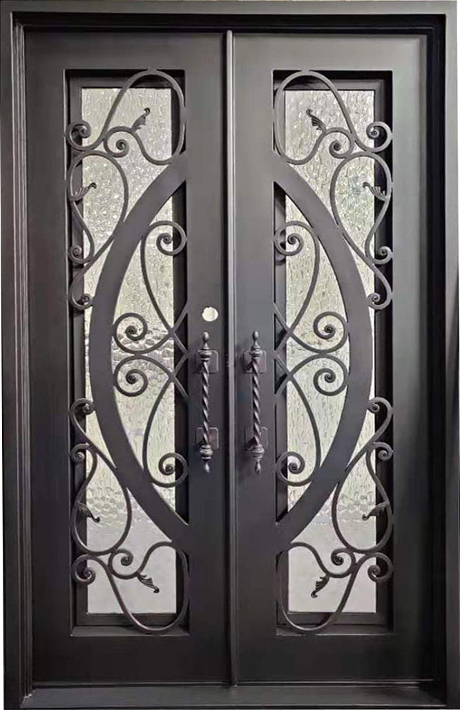 Barry Model Double Front Entry Iron Door With Tempered Water Cube Glass Dark Bronze Finish - AAWAIZ IMPORTS