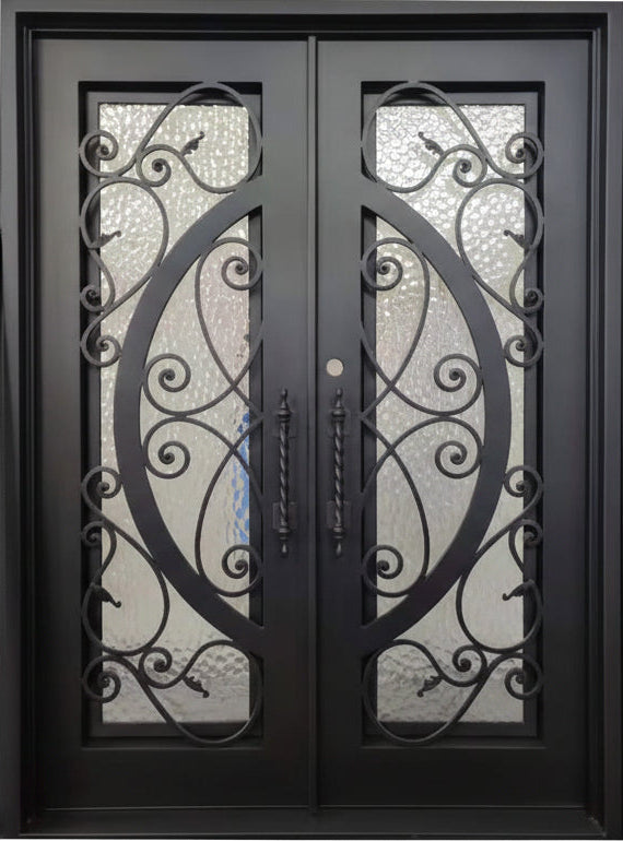 Barry Model Double Front Entry Iron Door With Tempered Water Cube Glass Dark Bronze Finish - AAWAIZ IMPORTS