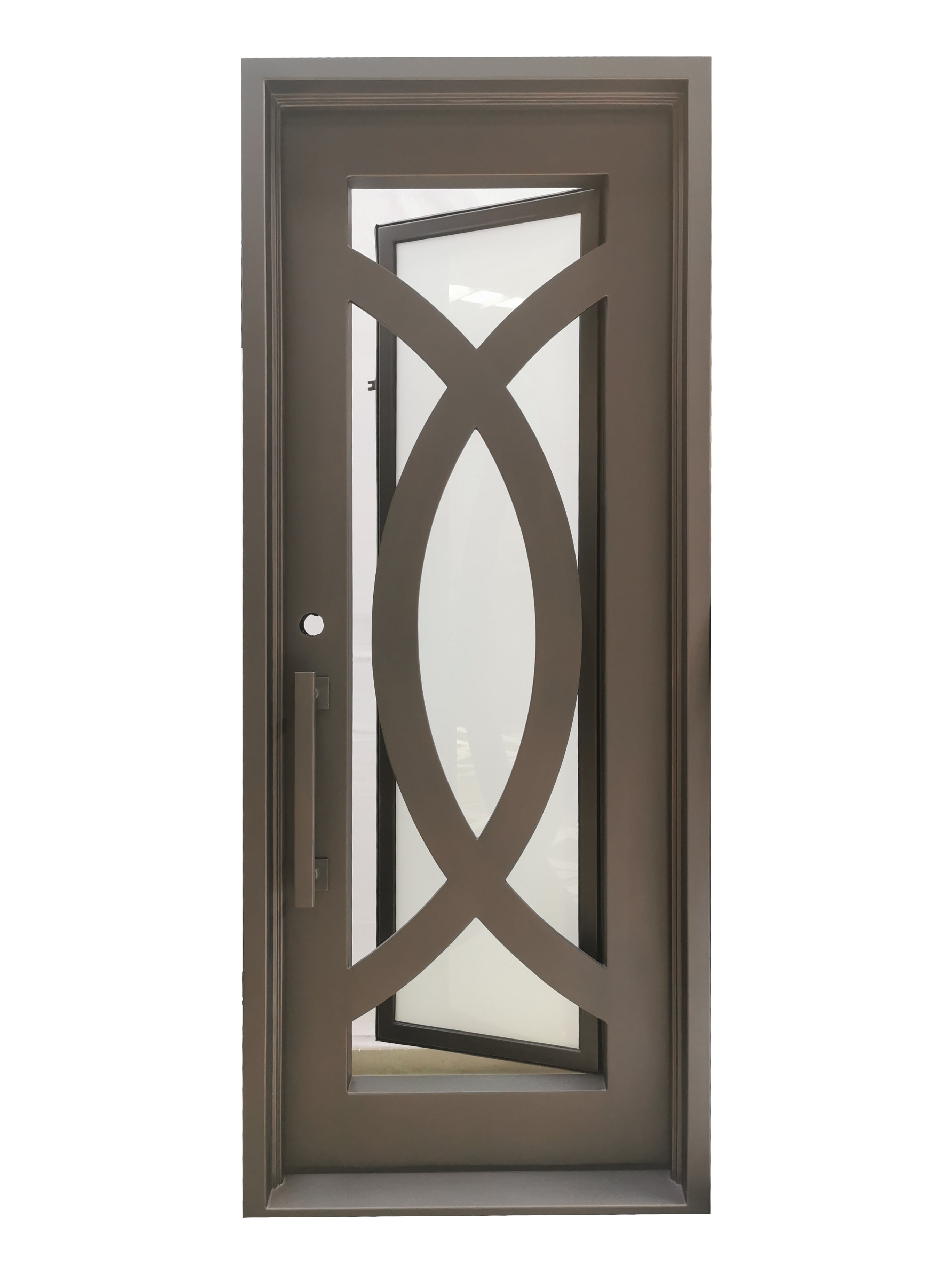Bellevue Model Pre Hung Single Front Entry Wrought Iron Door With Frosted Glass Dark Bronze Finish