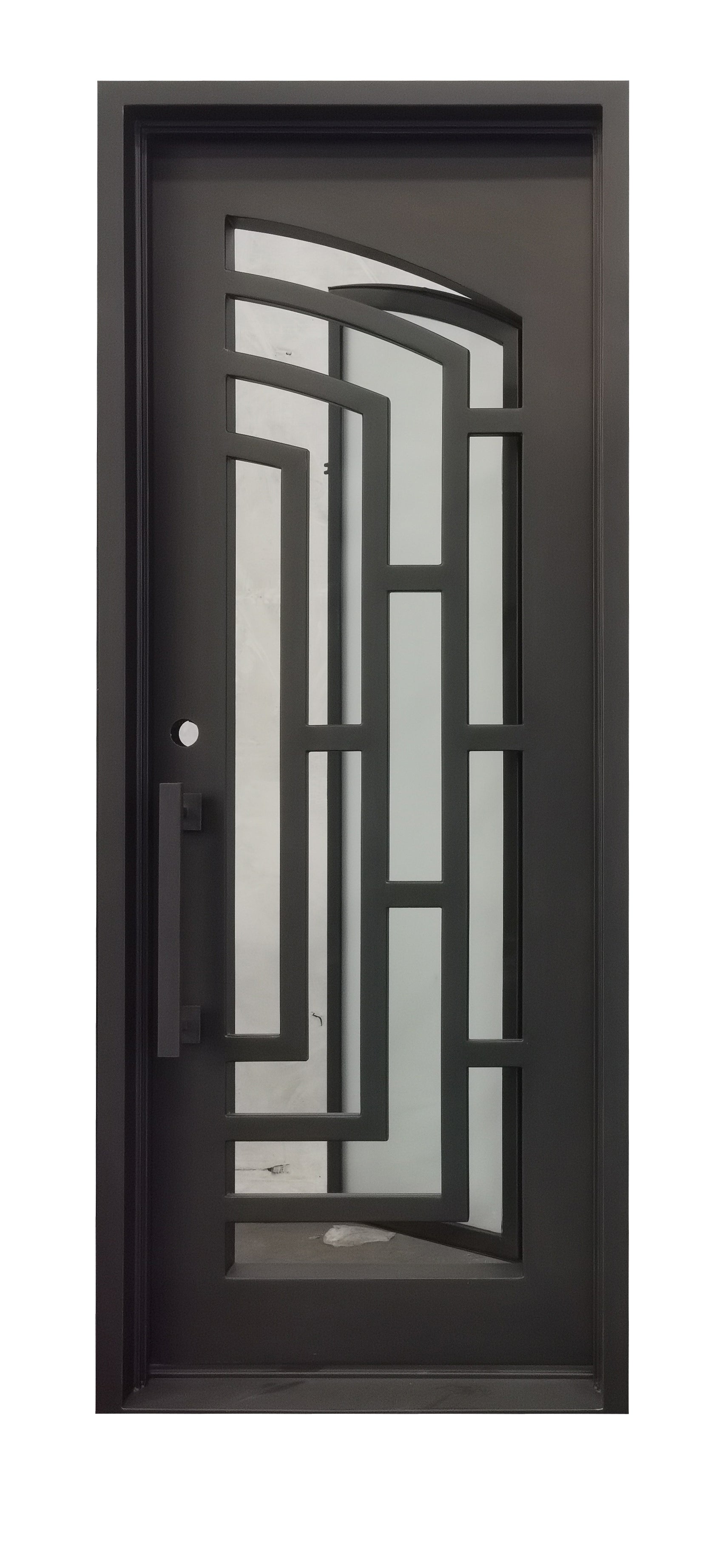 Belton Model Pre Hung Single Front Entry Wrought Iron Door With Frosted Glass Dark Bronze Finish